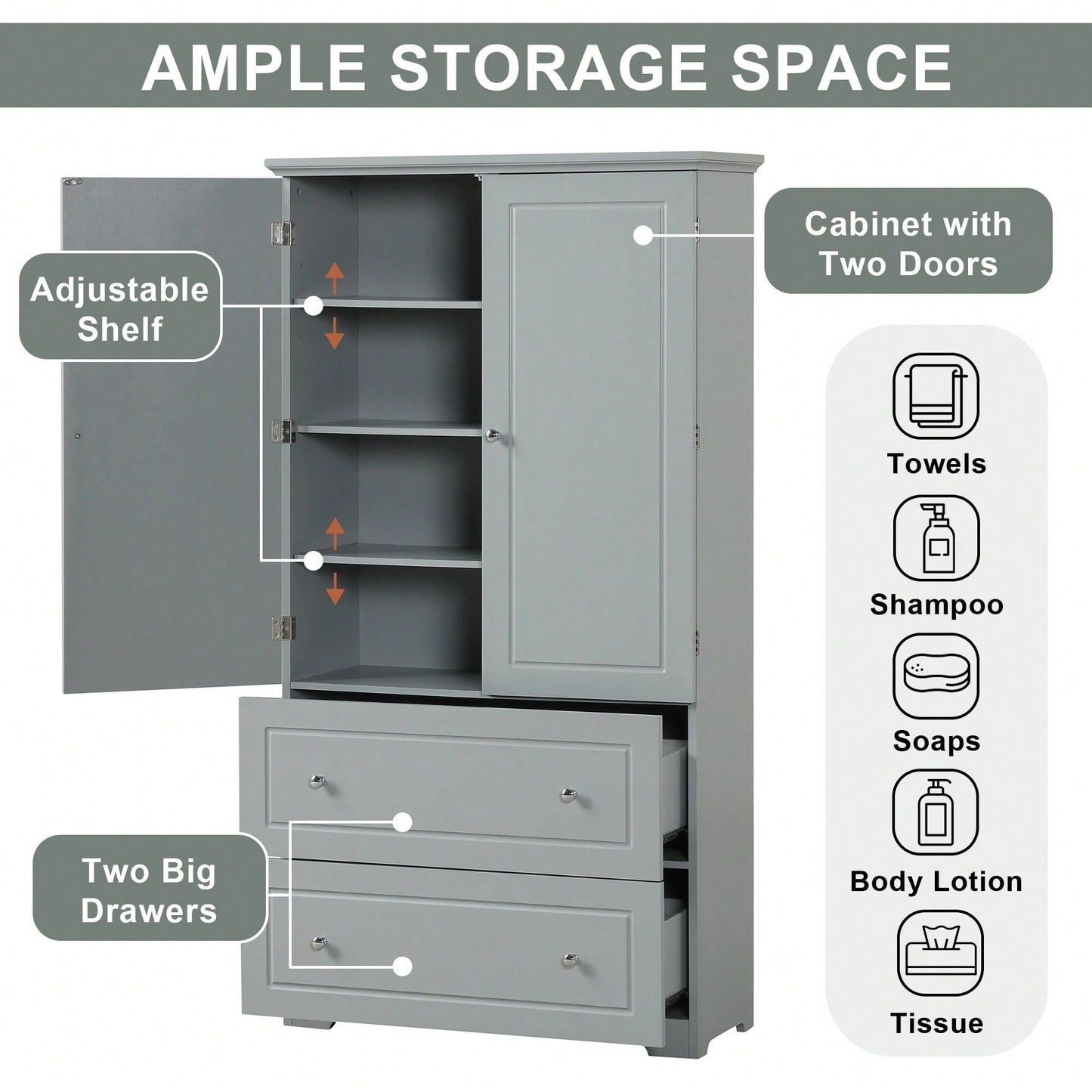 Wide Bathroom Storage Cabinet, Freestanding Storage Cabinet With Two Drawers And Adjustable Shelf, MDF Board With Painted Finish