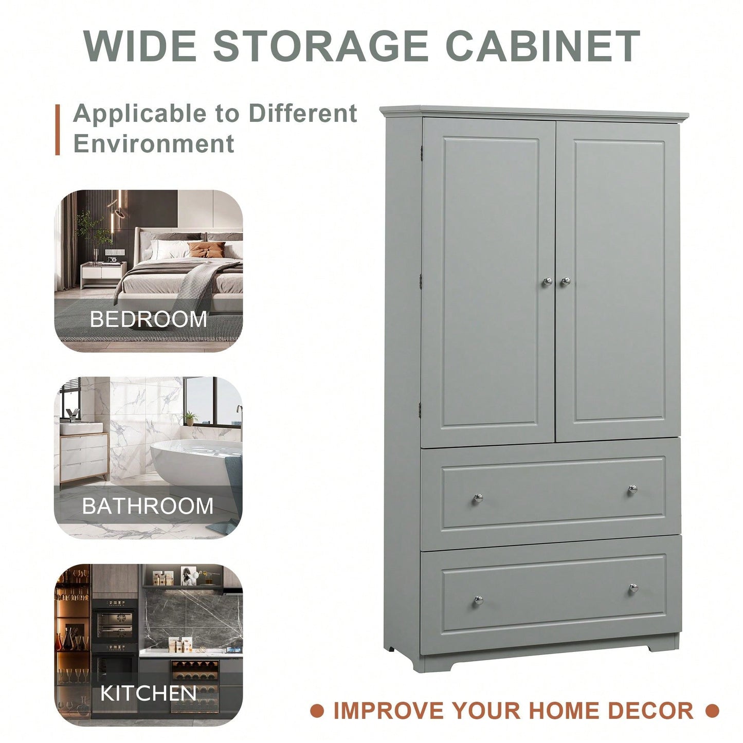 Wide Bathroom Storage Cabinet, Freestanding Storage Cabinet With Two Drawers And Adjustable Shelf, MDF Board With Painted Finish