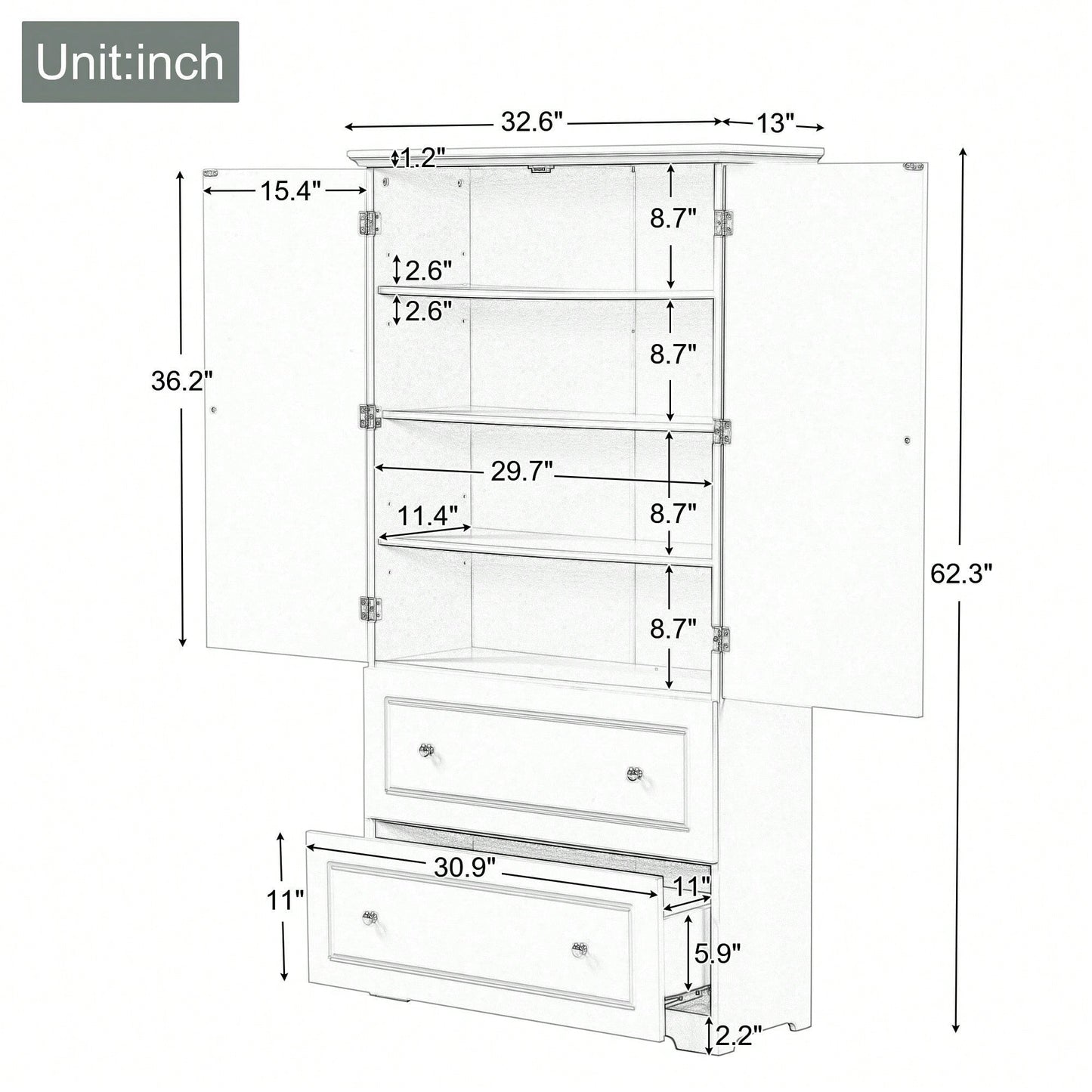 Wide Bathroom Storage Cabinet, Freestanding Storage Cabinet With Two Drawers And Adjustable Shelf, MDF Board With Painted Finish