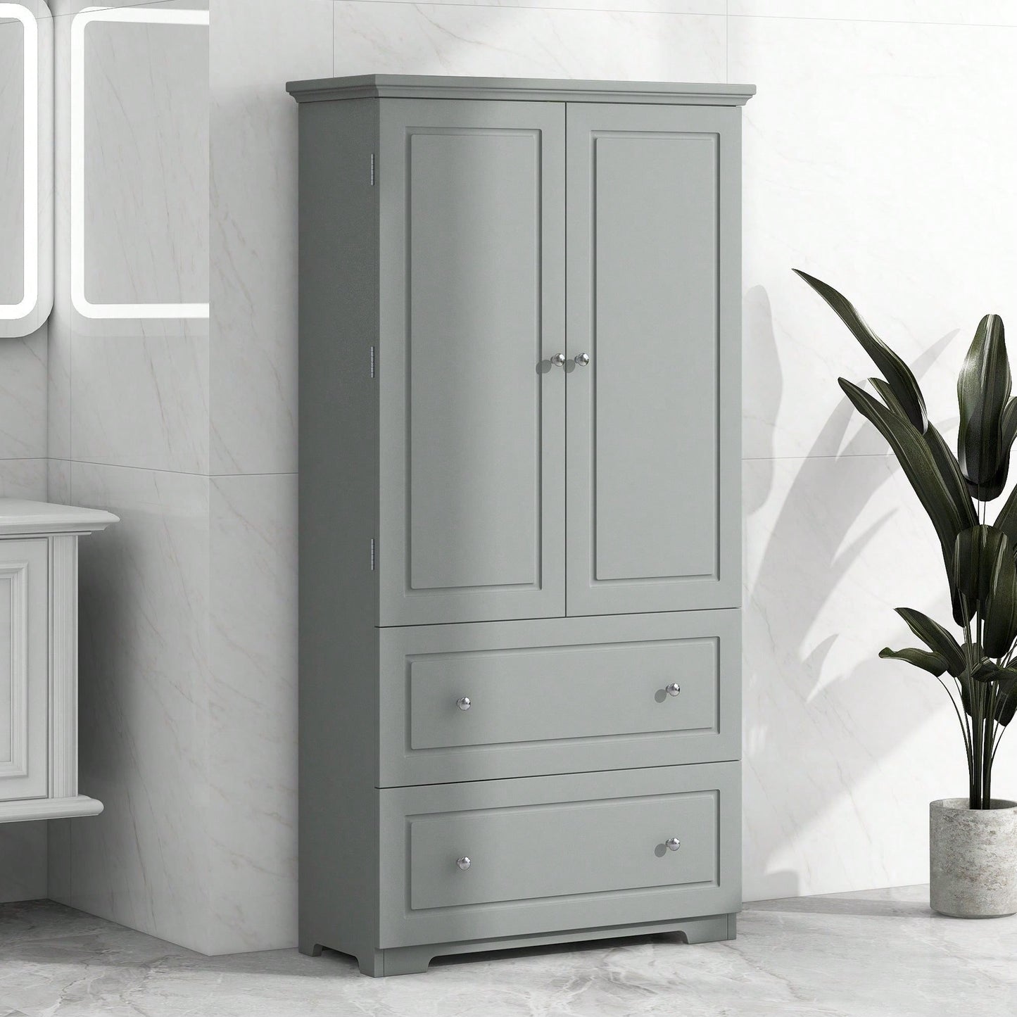 Wide Bathroom Storage Cabinet, Freestanding Storage Cabinet With Two Drawers And Adjustable Shelf, MDF Board With Painted Finish