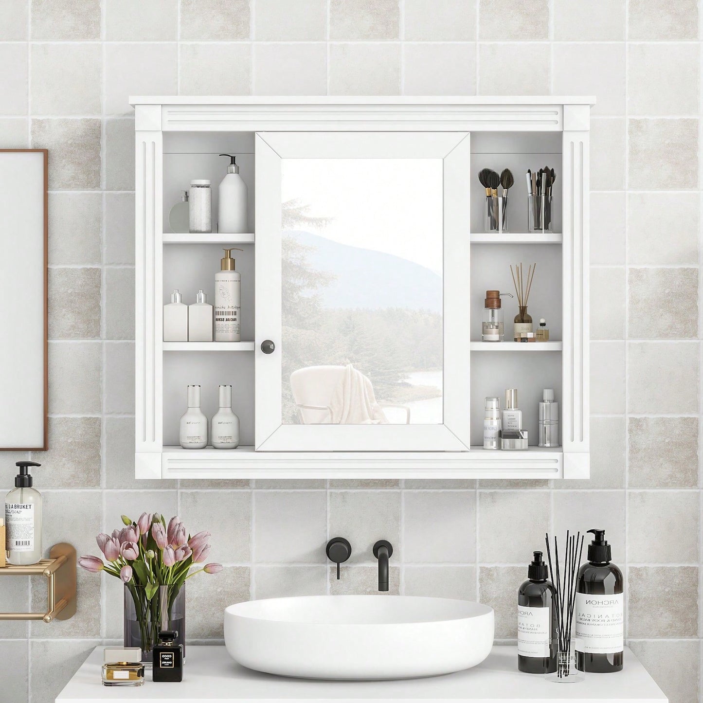 35'' X 28'' Wall Mounted Bathroom Storage Cabinet, Modern Bathroom Wall Cabinet With Mirror, Mirror Cabinet With 6 Open Shelves