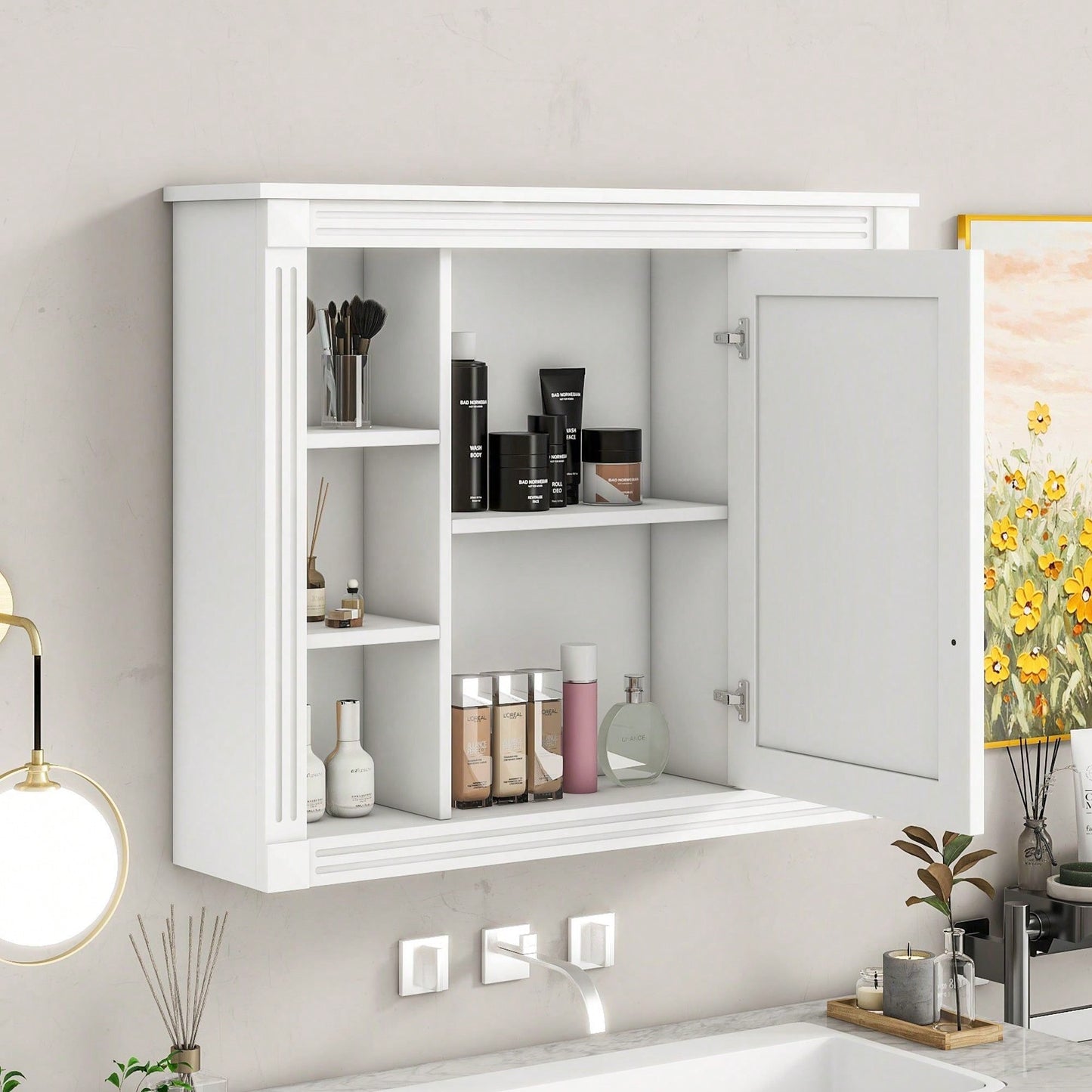 35'' X 28'' Wall Mounted Bathroom Storage Cabinet, Modern Bathroom Wall Cabinet With Mirror, Mirror Cabinet With 6 Open Shelves