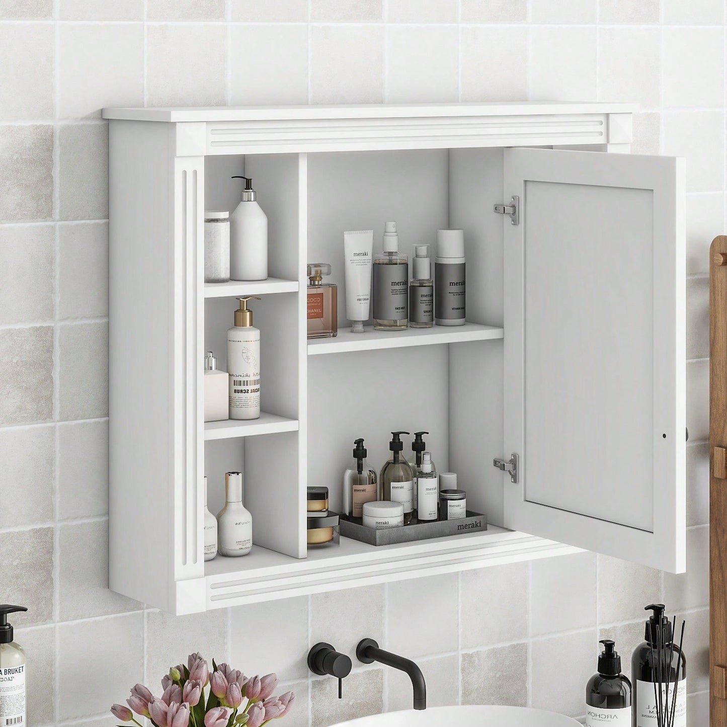 35'' X 28'' Wall Mounted Bathroom Storage Cabinet, Modern Bathroom Wall Cabinet With Mirror, Mirror Cabinet With 6 Open Shelves