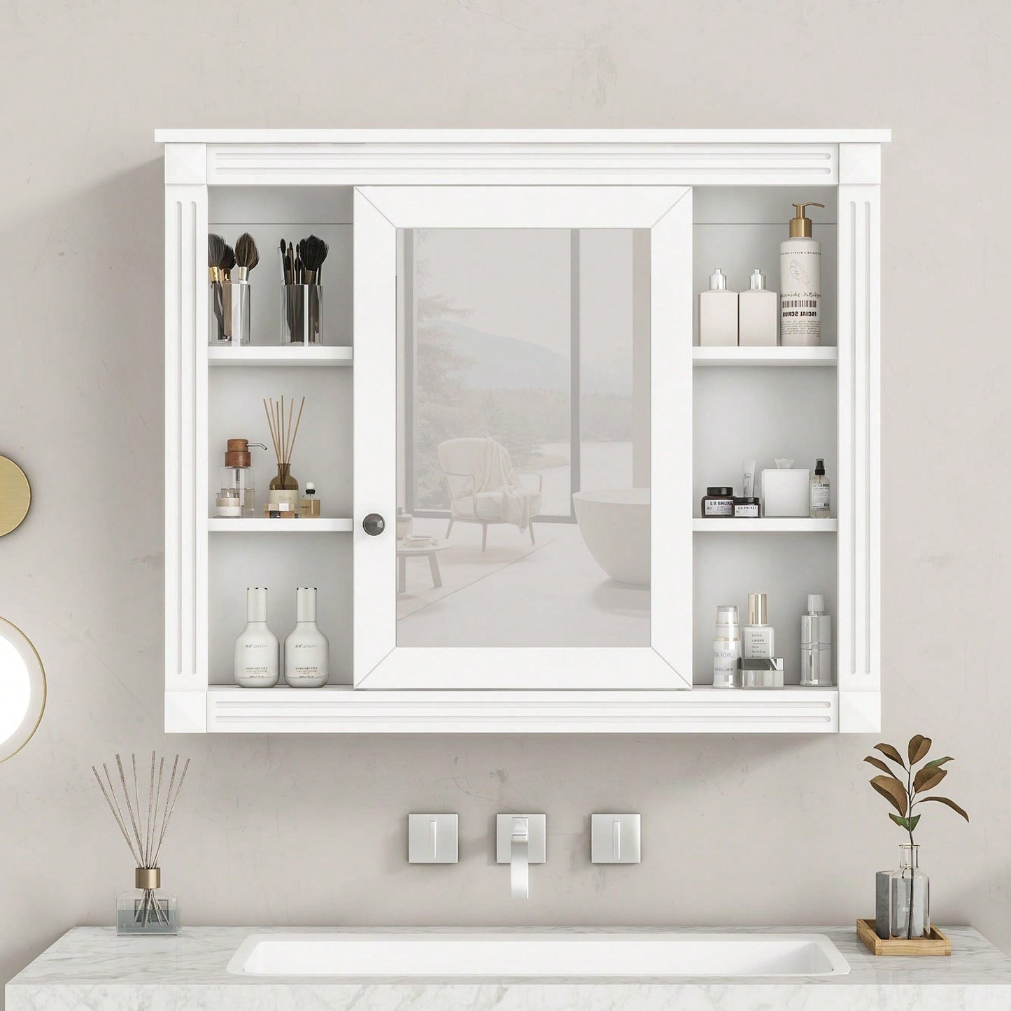 35'' X 28'' Wall Mounted Bathroom Storage Cabinet, Modern Bathroom Wall Cabinet With Mirror, Mirror Cabinet With 6 Open Shelves