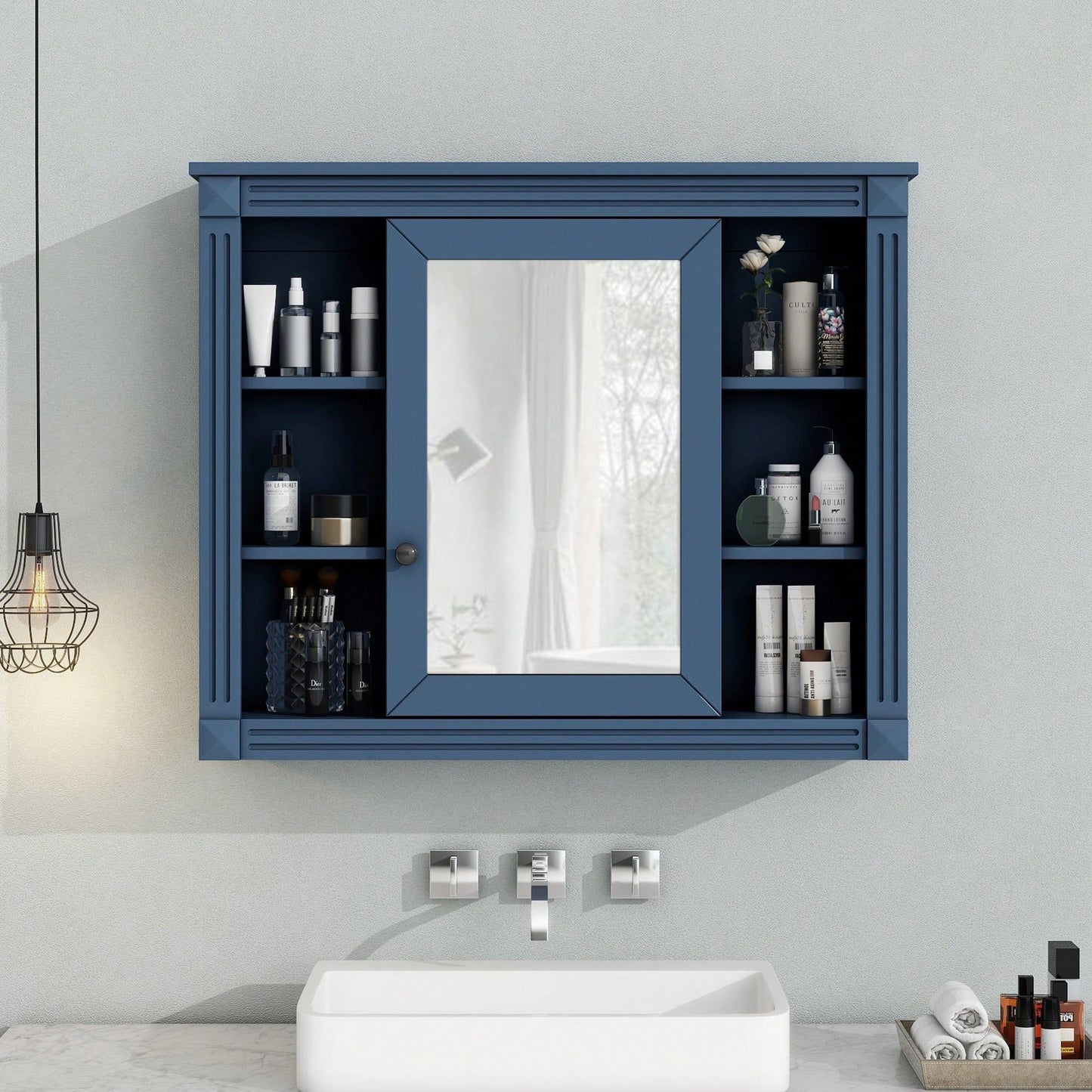 35'' X 28'' Wall Mounted Bathroom Storage Cabinet, Modern Bathroom Wall Cabinet With Mirror, Mirror Cabinet With 6 Open Shelves