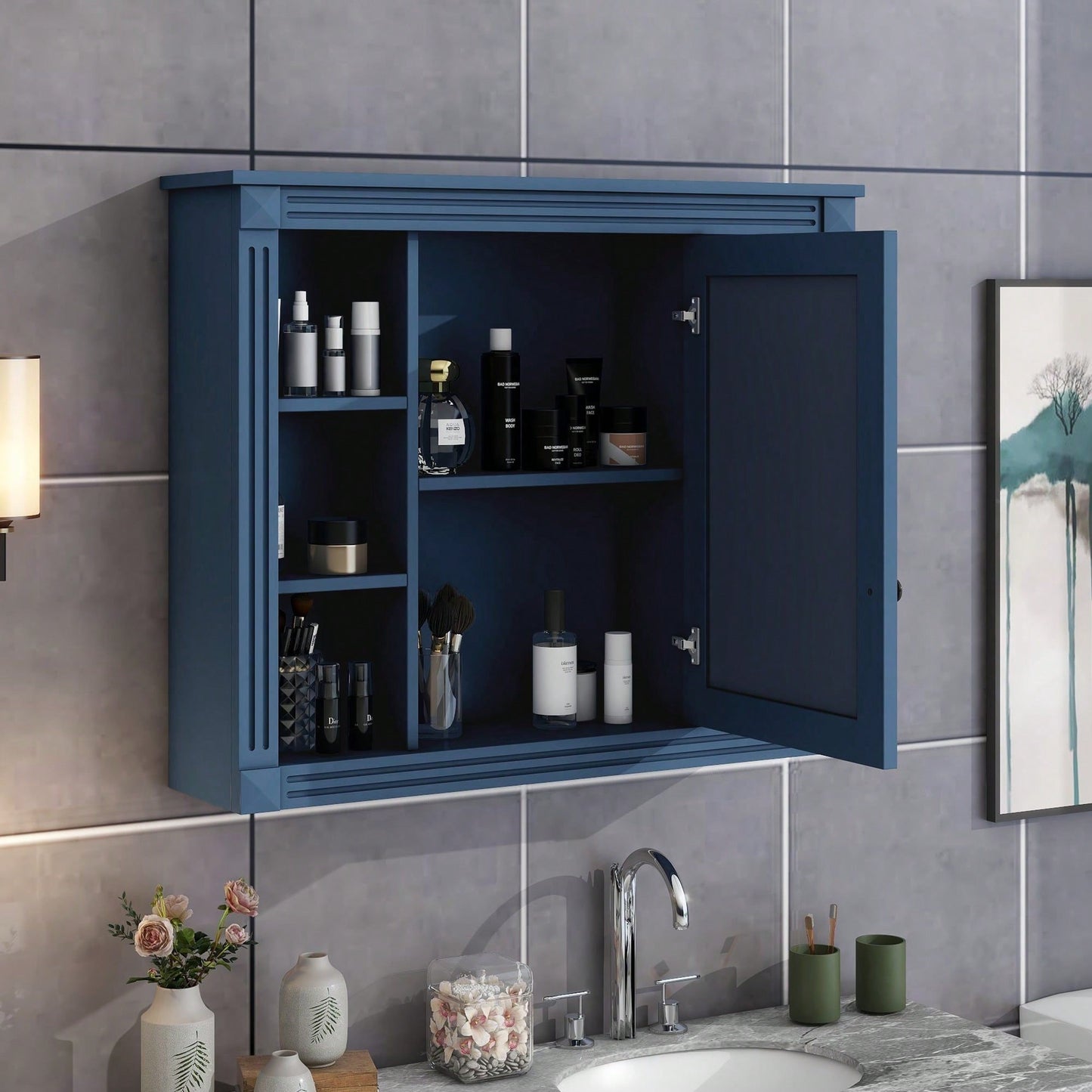 35'' X 28'' Wall Mounted Bathroom Storage Cabinet, Modern Bathroom Wall Cabinet With Mirror, Mirror Cabinet With 6 Open Shelves