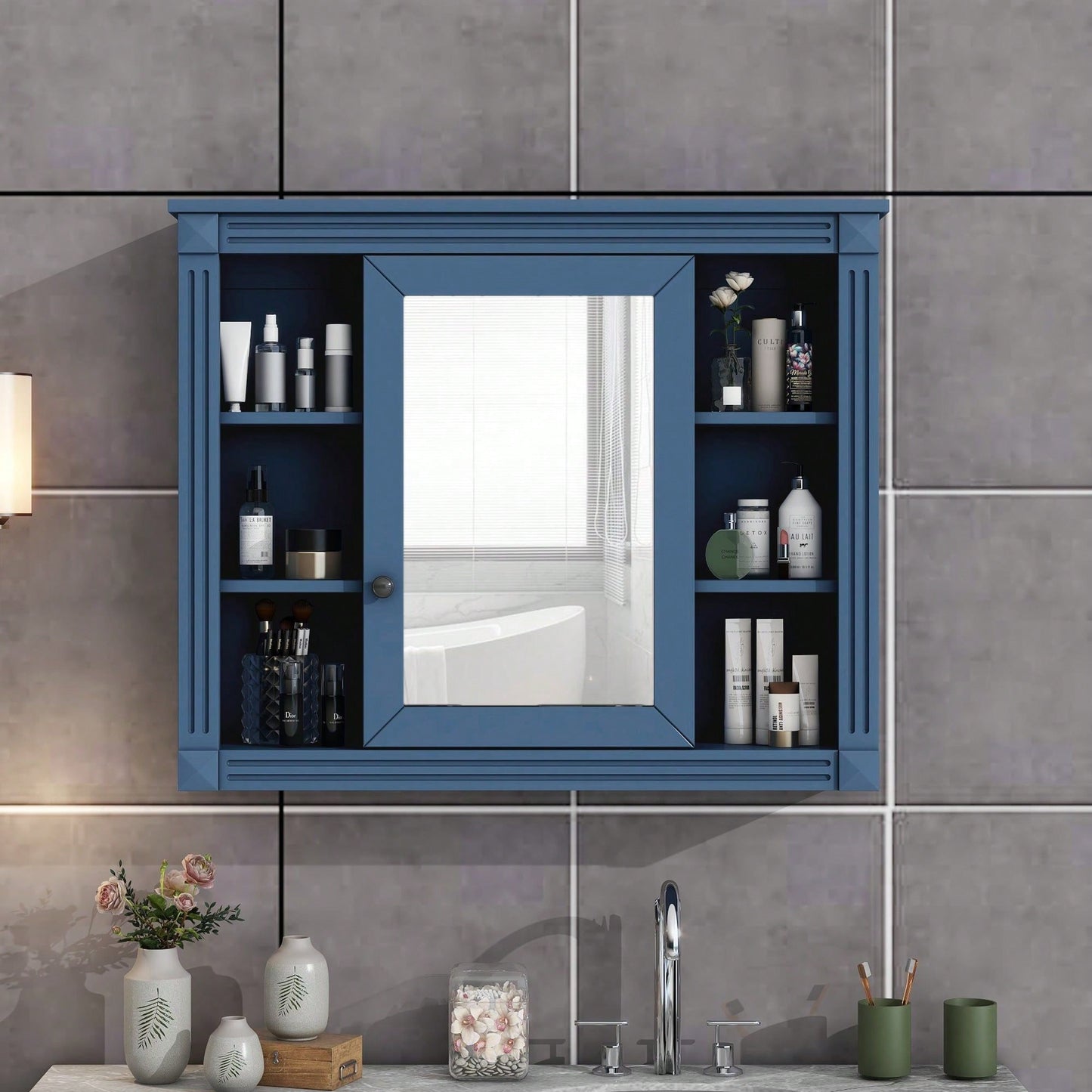 35'' X 28'' Wall Mounted Bathroom Storage Cabinet, Modern Bathroom Wall Cabinet With Mirror, Mirror Cabinet With 6 Open Shelves