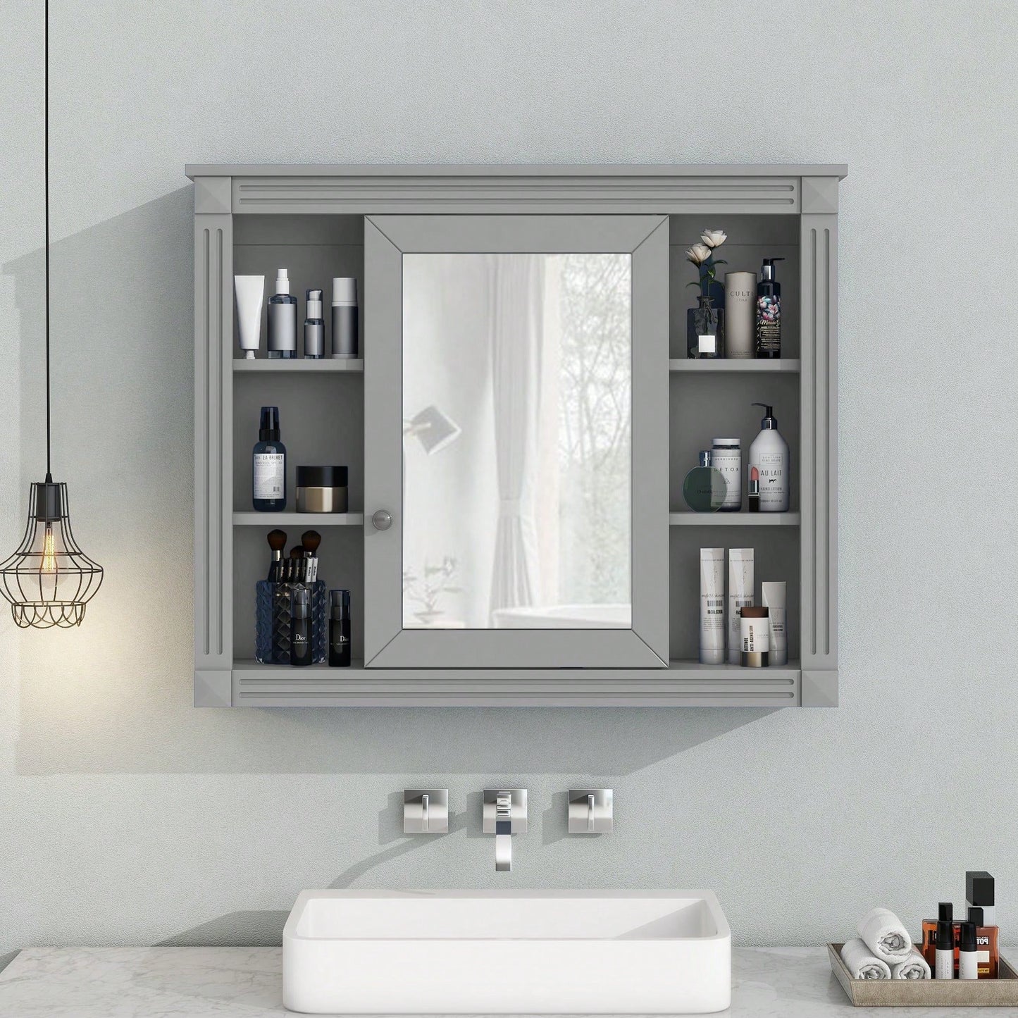 35'' X 28'' Wall Mounted Bathroom Storage Cabinet, Modern Bathroom Wall Cabinet With Mirror, Mirror Cabinet With 6 Open Shelves