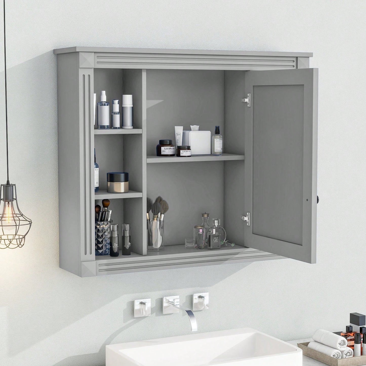35'' X 28'' Wall Mounted Bathroom Storage Cabinet, Modern Bathroom Wall Cabinet With Mirror, Mirror Cabinet With 6 Open Shelves