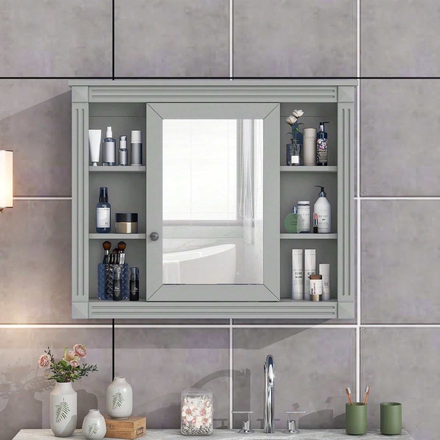 35'' X 28'' Wall Mounted Bathroom Storage Cabinet, Modern Bathroom Wall Cabinet With Mirror, Mirror Cabinet With 6 Open Shelves