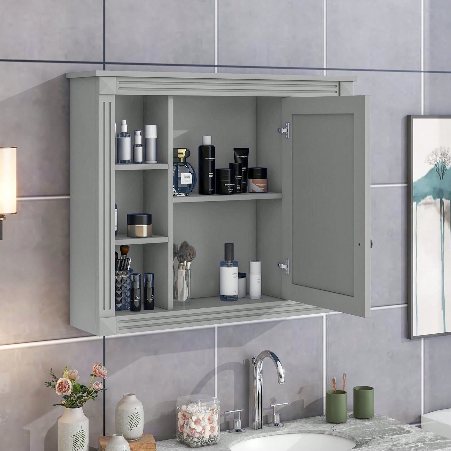 35'' X 28'' Wall Mounted Bathroom Storage Cabinet, Modern Bathroom Wall Cabinet With Mirror, Mirror Cabinet With 6 Open Shelves