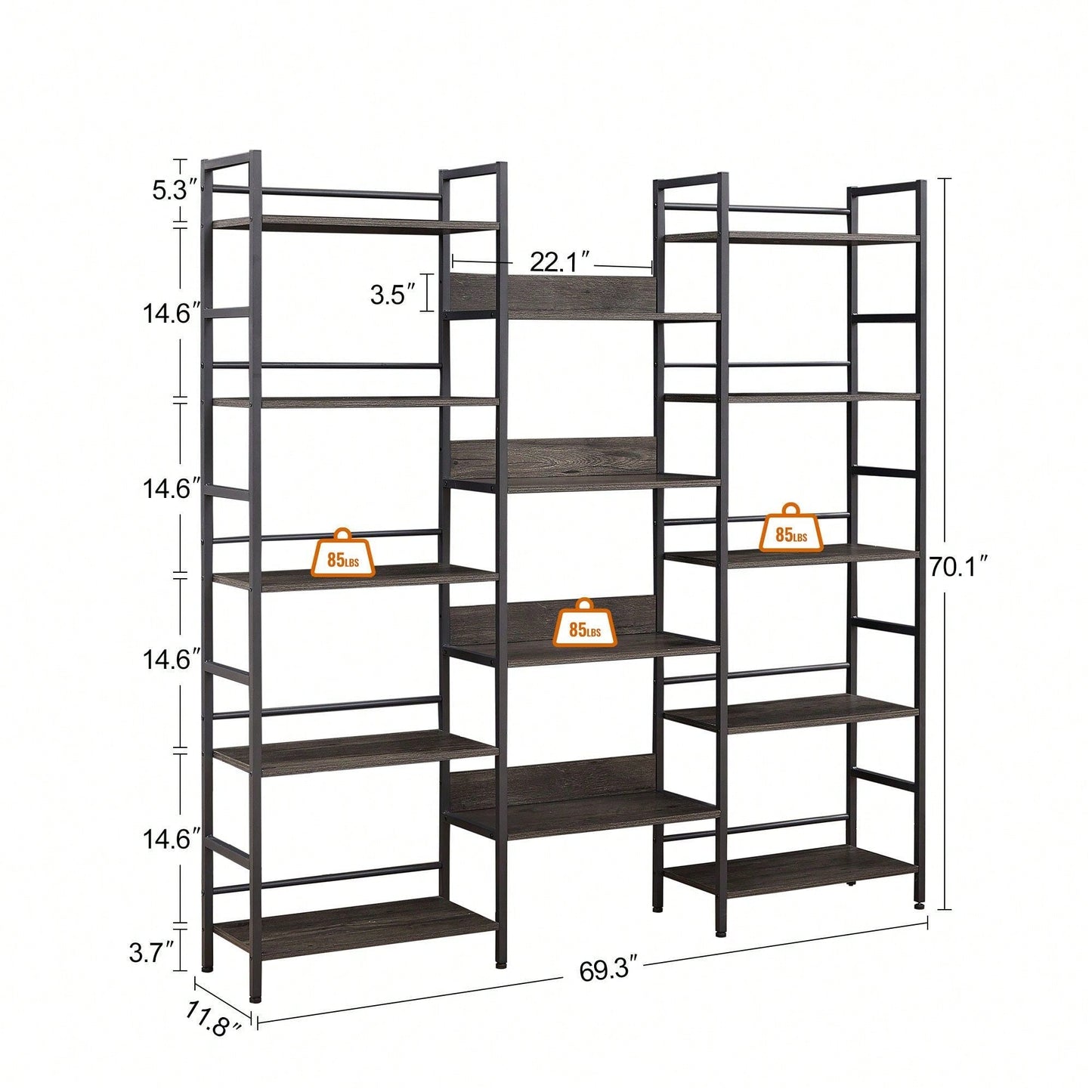 5-Shelf Bookshelves Industrial Retro Wooden Style Home And Office Large Open Bookshelves