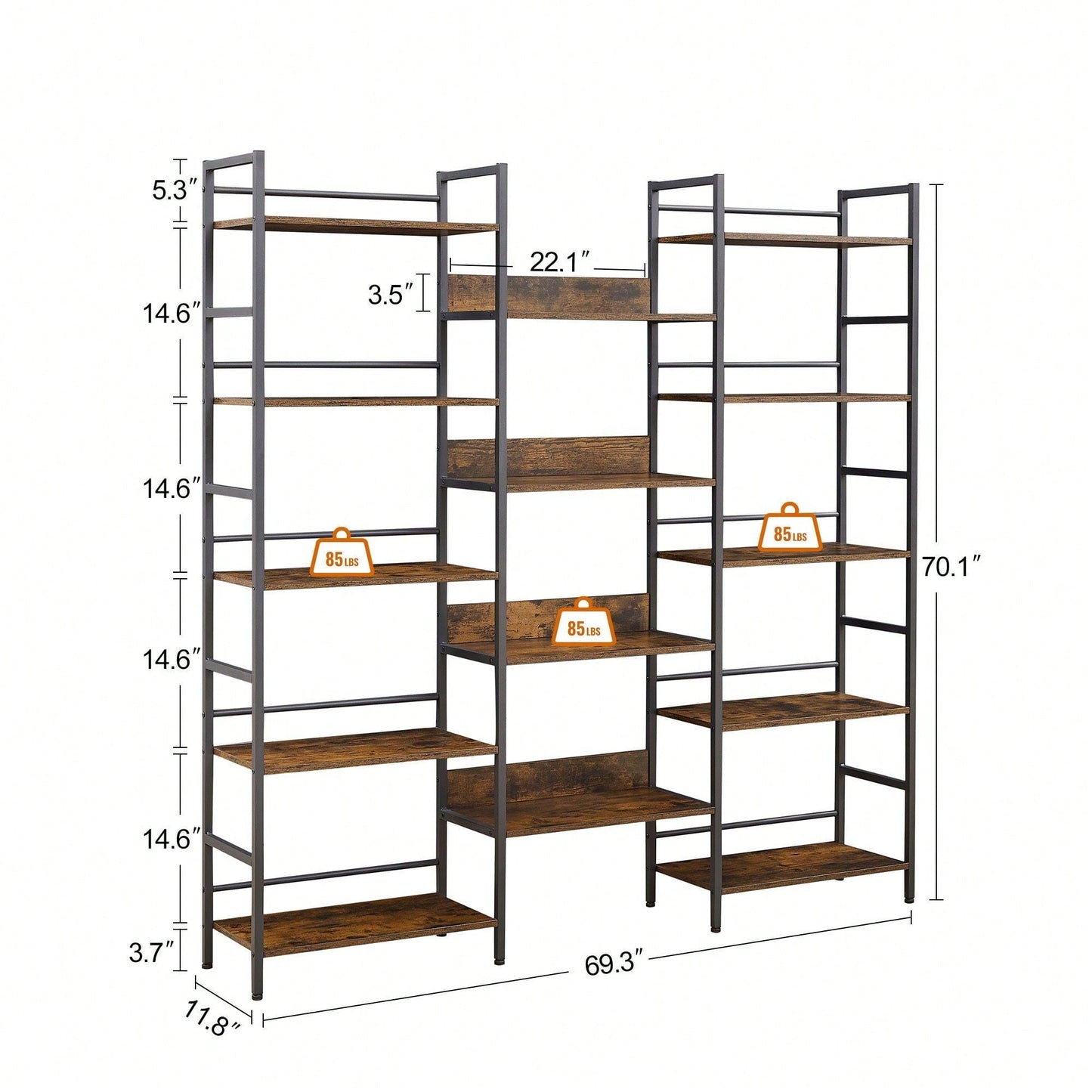 5-Shelf Bookshelves Industrial Retro Wooden Style Home And Office Large Open Bookshelves