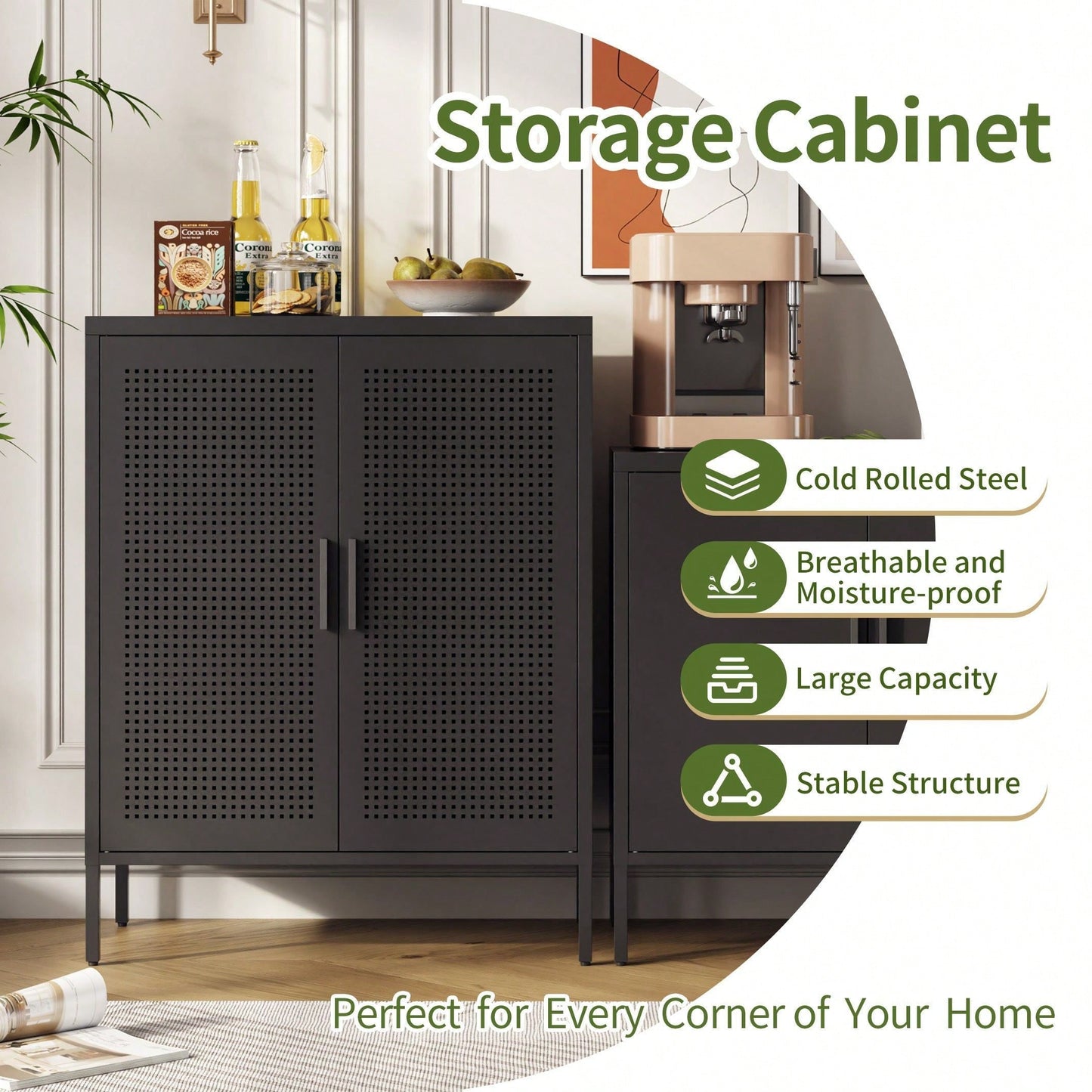 Lockable Metal Storage Cabinet with Adjustable Shelves for Home Office Garage School Gym Black