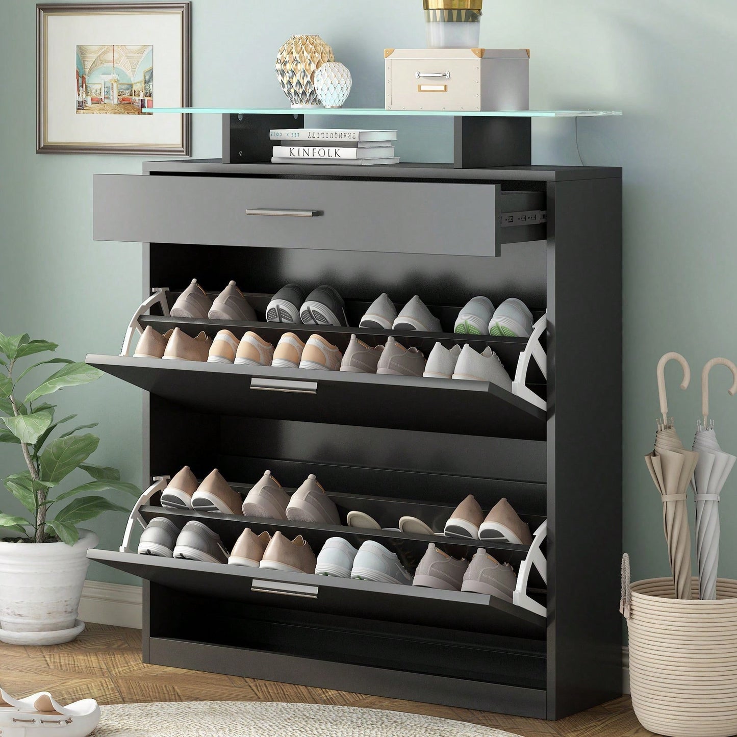 Slim Entryway Shoe Organizer with LED Light and 2 Flip Drawers for Hallway Storage