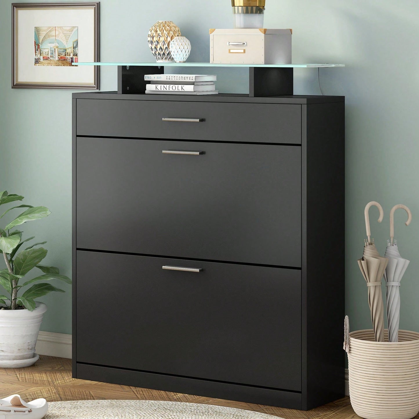 Slim Entryway Shoe Organizer with LED Light and 2 Flip Drawers for Hallway Storage