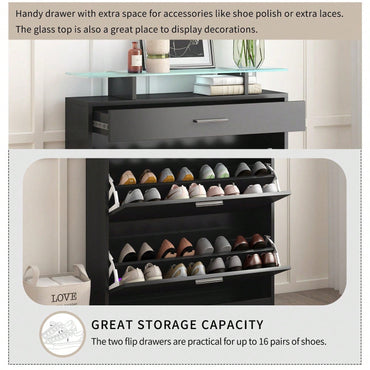 Slim Entryway Shoe Organizer with LED Light and 2 Flip Drawers for Hallway Storage