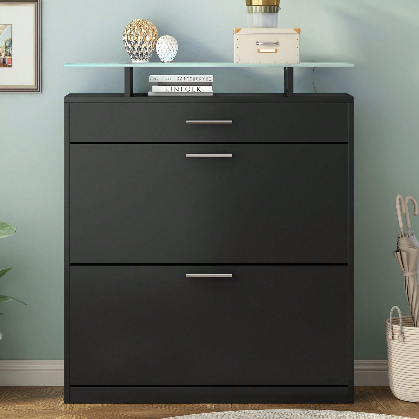 Slim Entryway Shoe Organizer with LED Light and 2 Flip Drawers for Hallway Storage