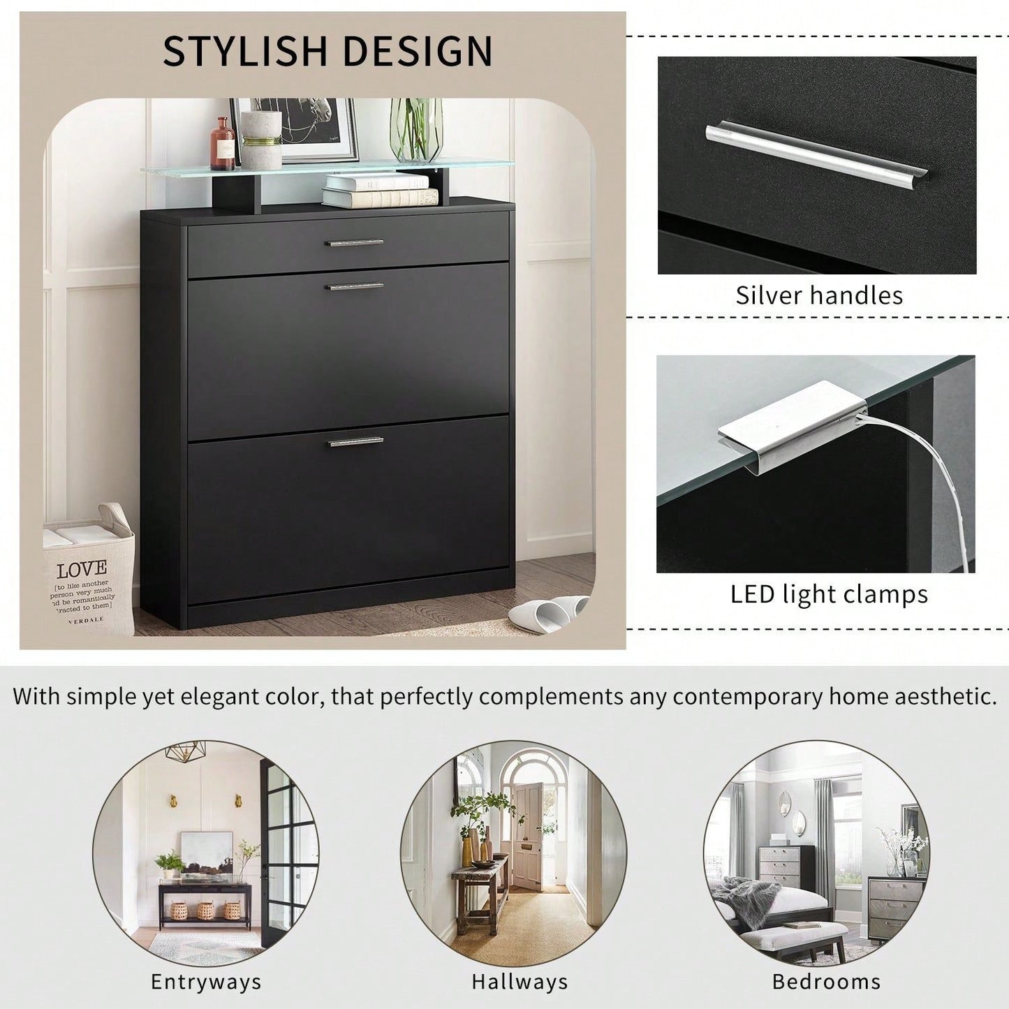 Slim Entryway Shoe Organizer with LED Light and 2 Flip Drawers for Hallway Storage