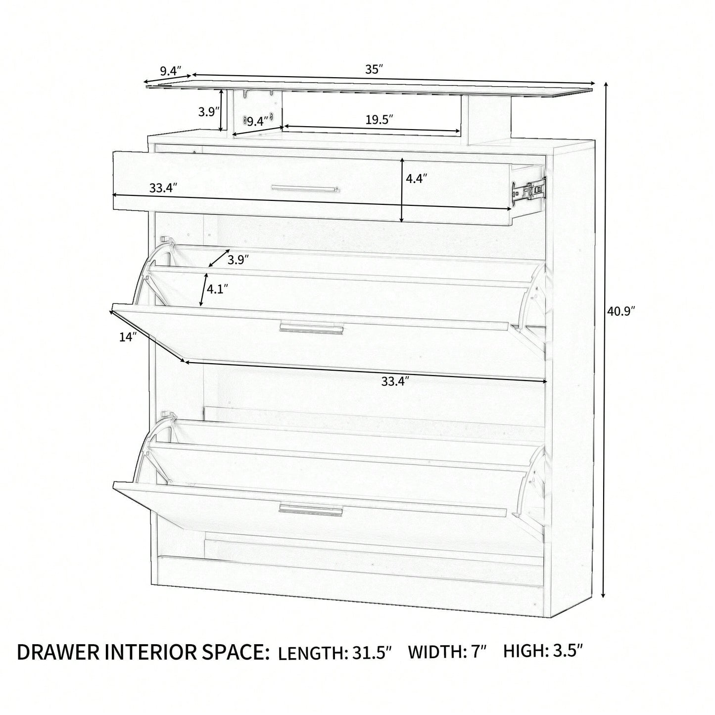 Slim Entryway Shoe Organizer with LED Light and 2 Flip Drawers for Hallway Storage