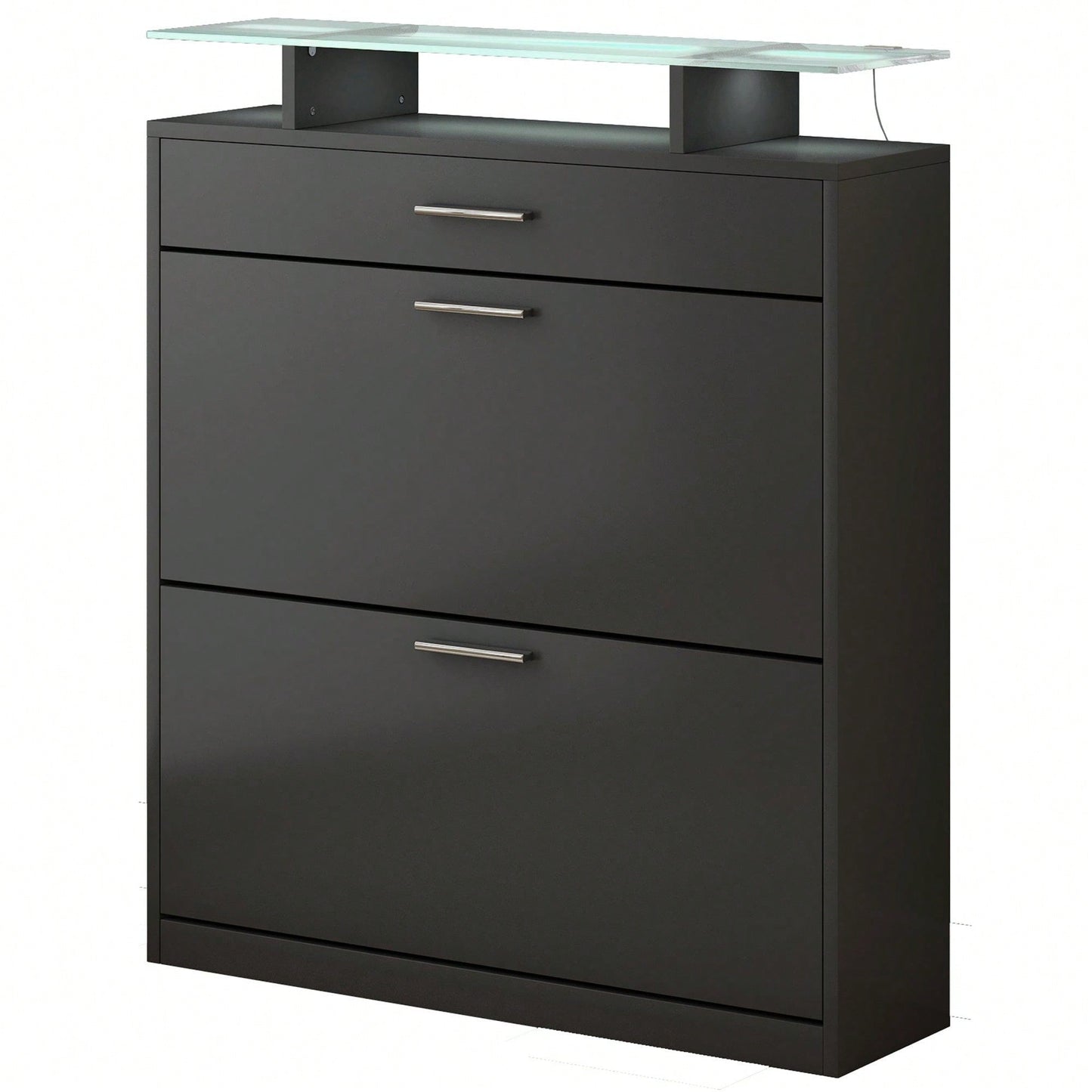 Slim Entryway Shoe Organizer with LED Light and 2 Flip Drawers for Hallway Storage
