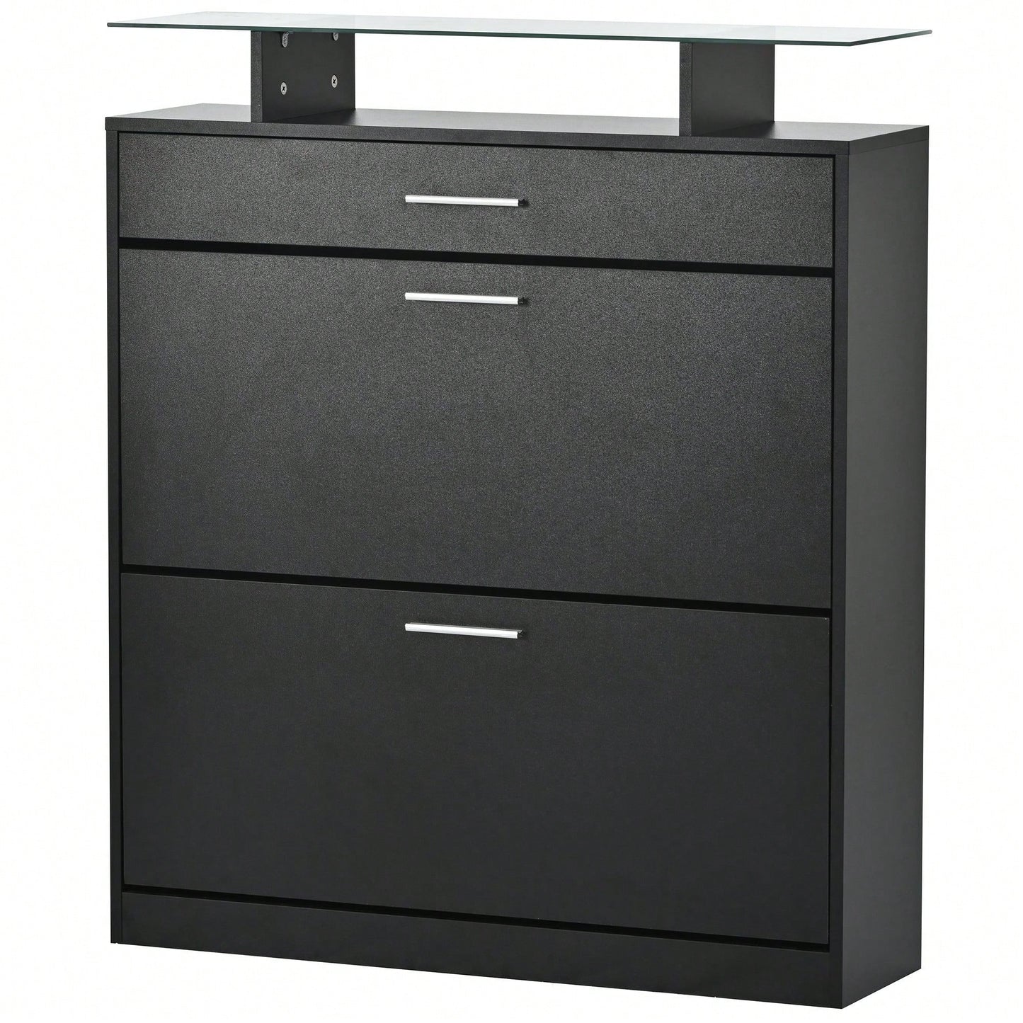 Slim Entryway Shoe Organizer with LED Light and 2 Flip Drawers for Hallway Storage