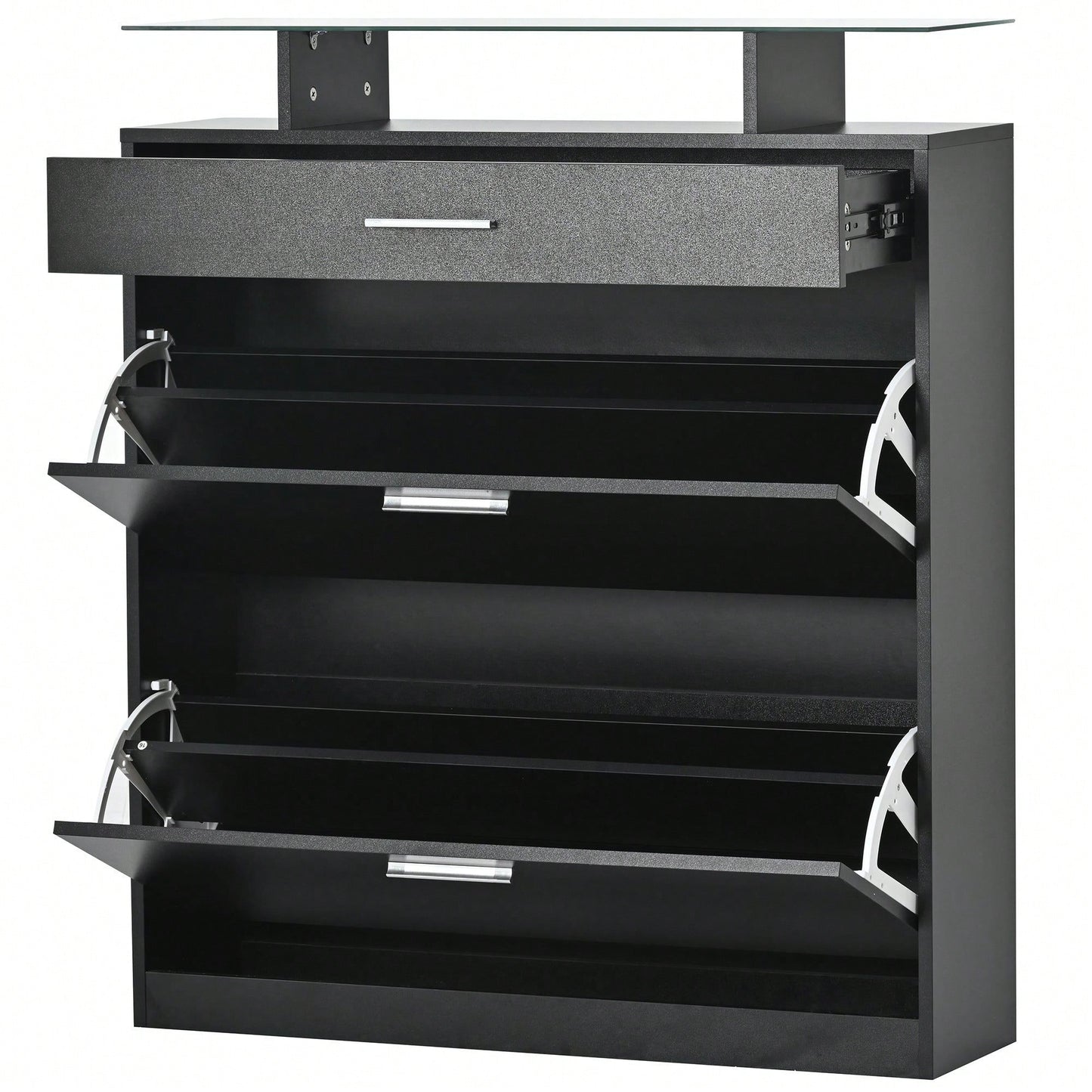 Slim Entryway Shoe Organizer with LED Light and 2 Flip Drawers for Hallway Storage