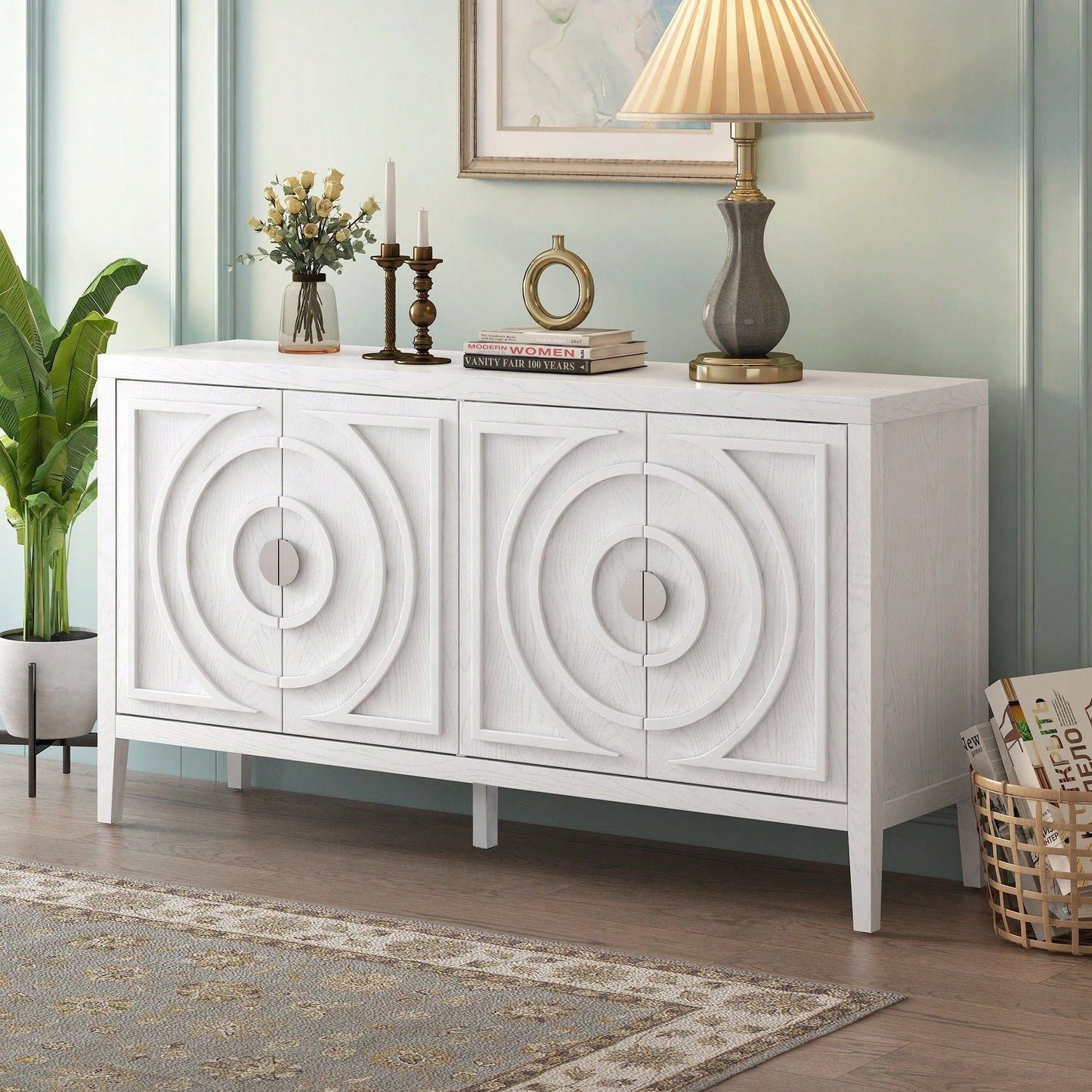 Retro Sideboard With Circular Groove Design, Round Metal Door Handle For Entrance, Dinning Room, Living Room