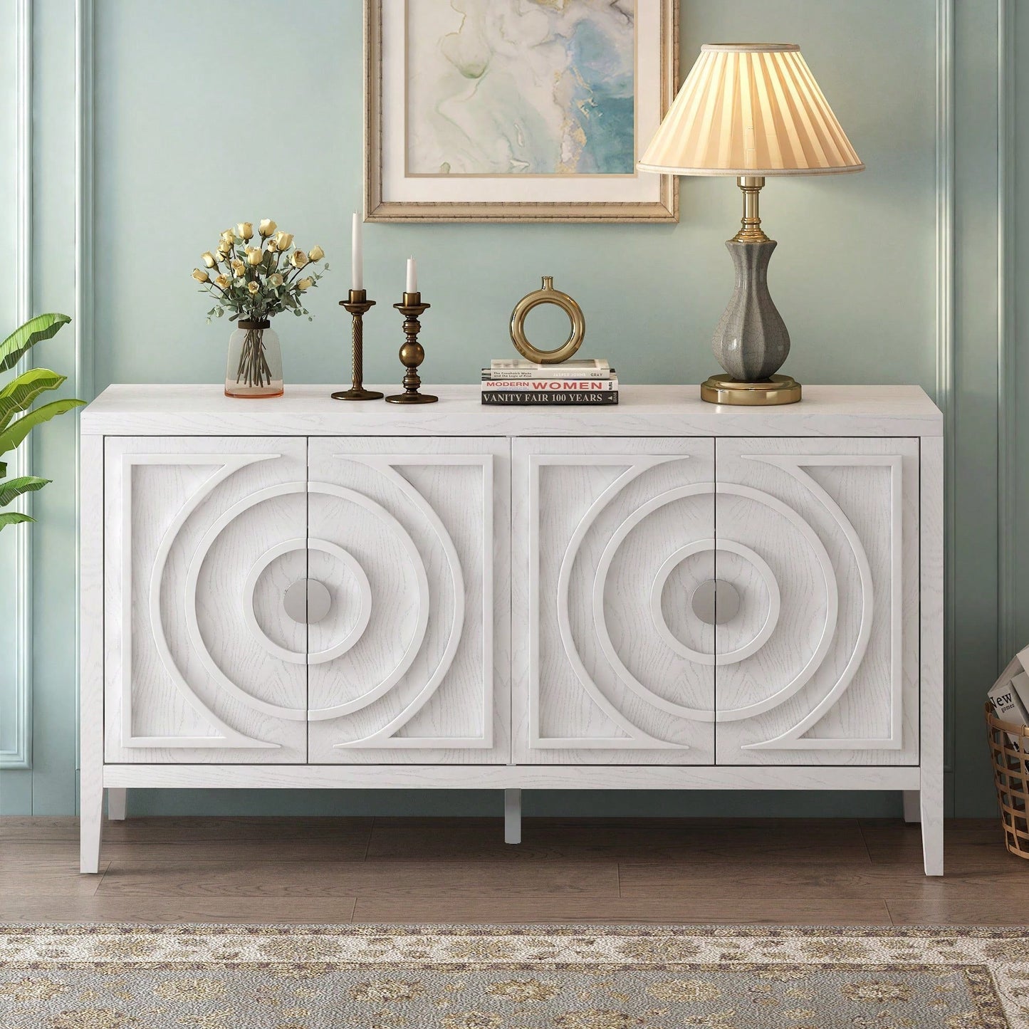 Retro Sideboard With Circular Groove Design, Round Metal Door Handle For Entrance, Dinning Room, Living Room