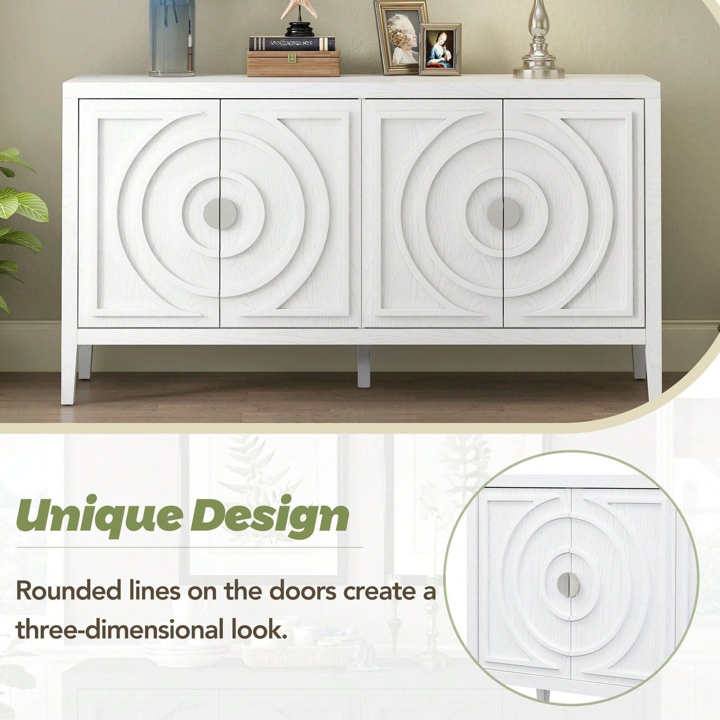 Retro Sideboard With Circular Groove Design, Round Metal Door Handle For Entrance, Dinning Room, Living Room