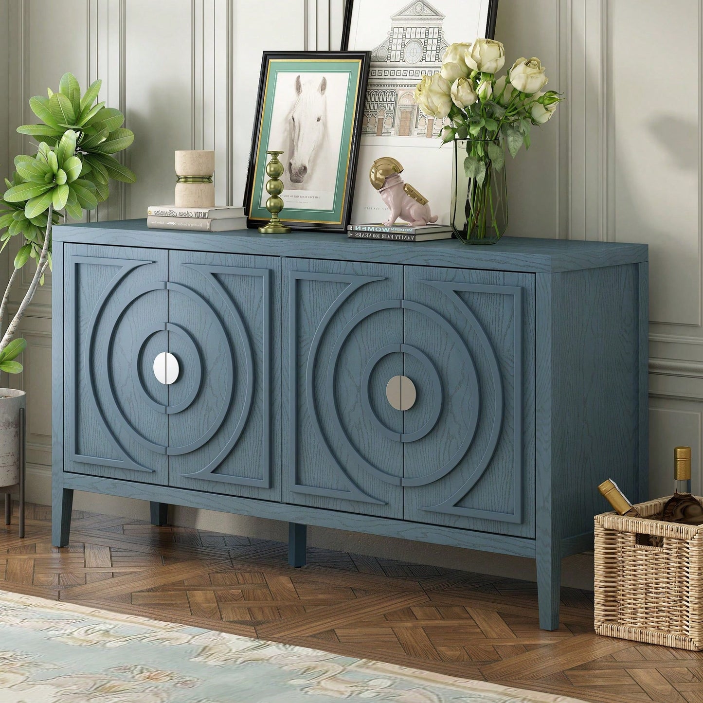 Retro Sideboard With Circular Groove Design, Round Metal Door Handle For Entrance, Dinning Room, Living Room