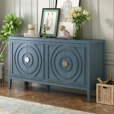 Retro Sideboard With Circular Groove Design, Round Metal Door Handle For Entrance, Dinning Room, Living Room
