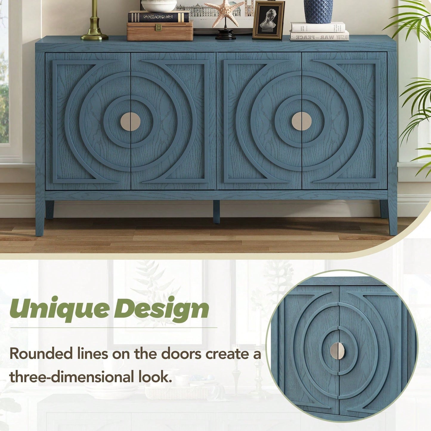 Retro Sideboard With Circular Groove Design, Round Metal Door Handle For Entrance, Dinning Room, Living Room