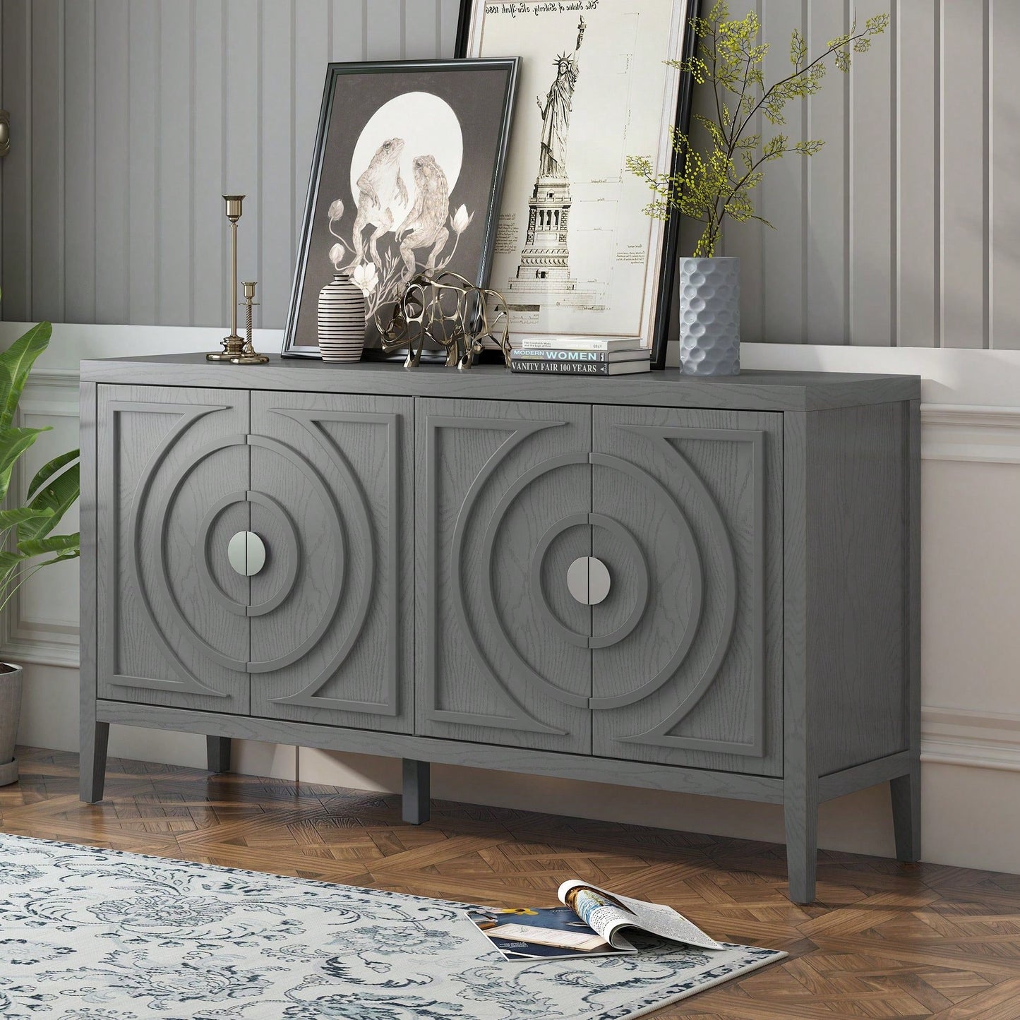 Retro Sideboard With Circular Groove Design, Round Metal Door Handle For Entrance, Dinning Room, Living Room