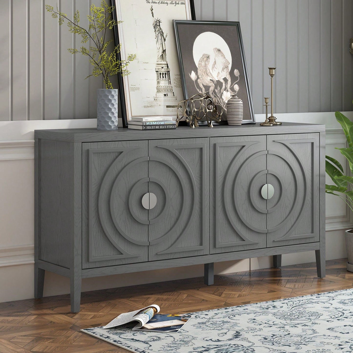 Retro Sideboard With Circular Groove Design, Round Metal Door Handle For Entrance, Dinning Room, Living Room