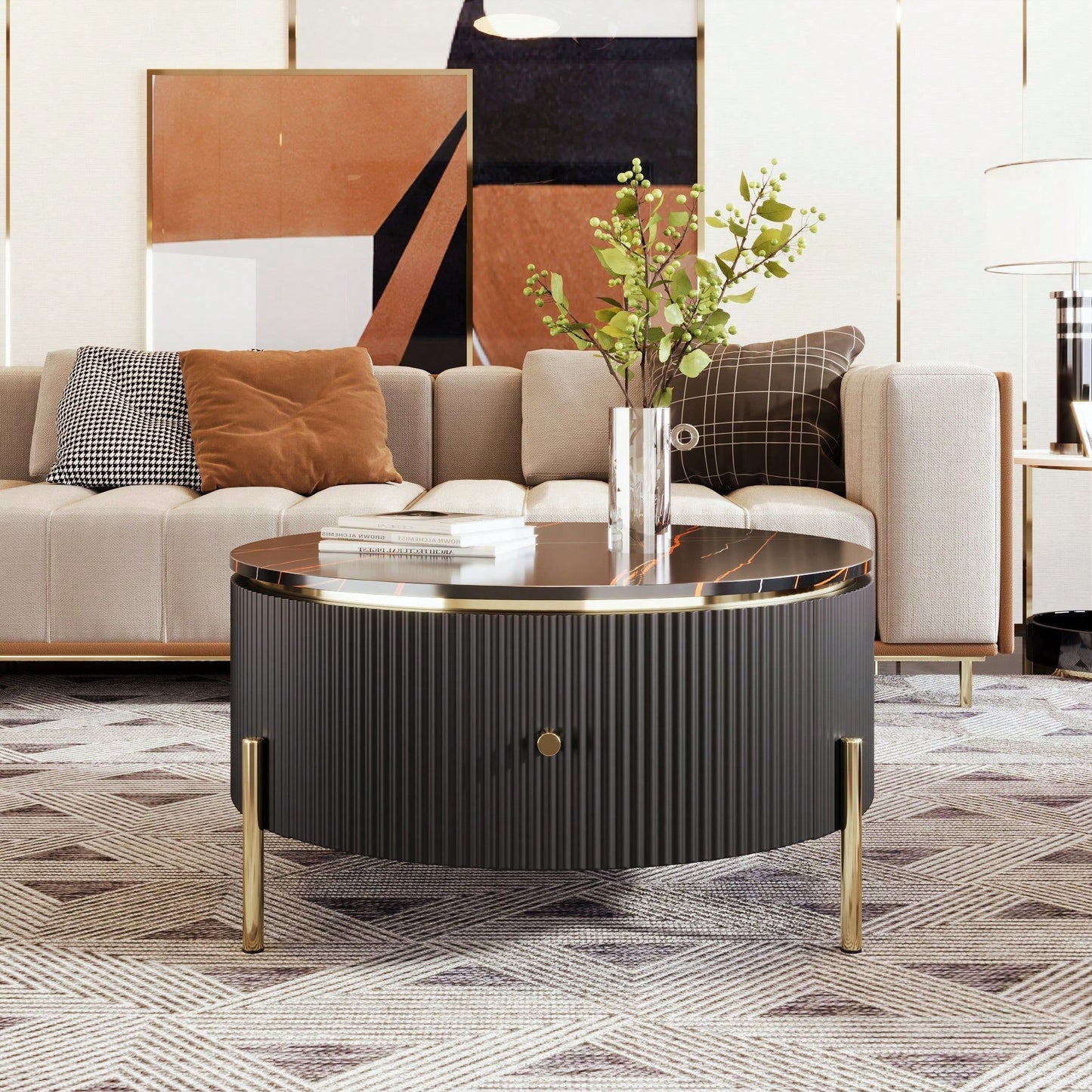 Modern Round Coffee Table With 2 Large Drawers Storage Accent Table (31.5'')