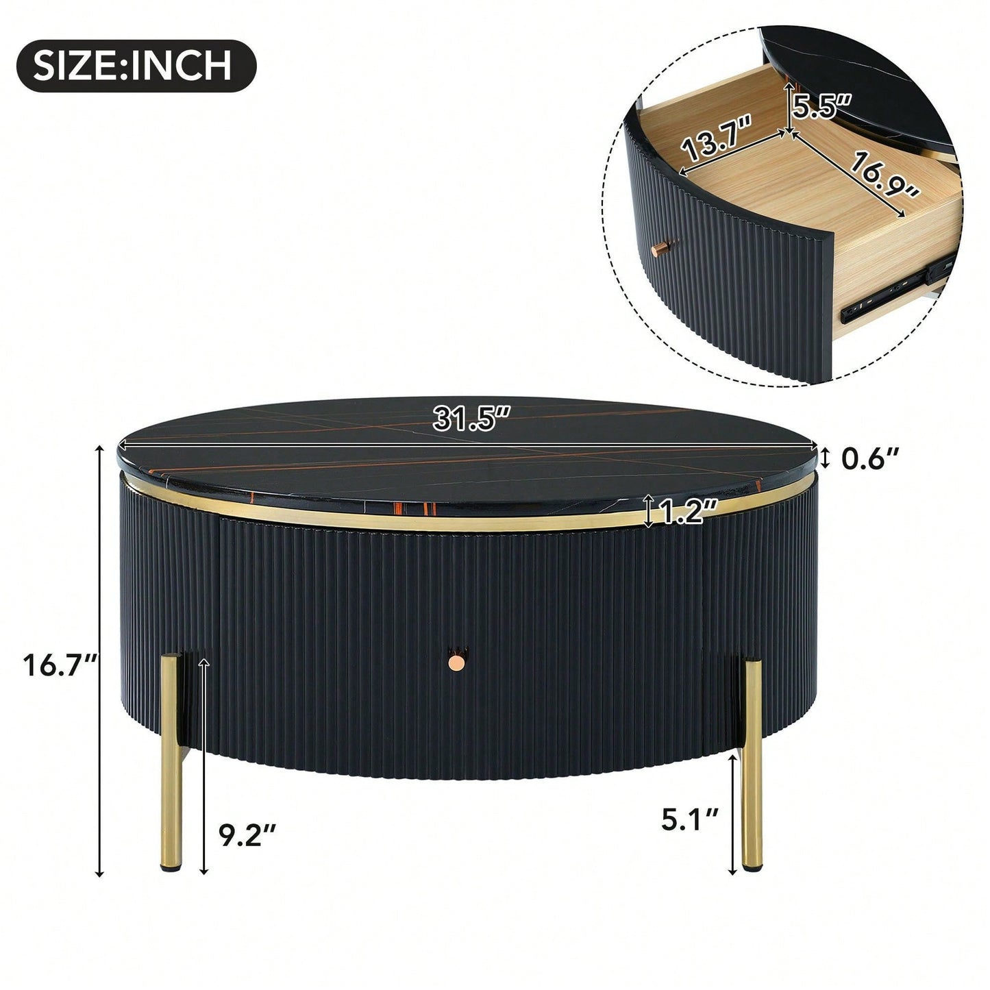 Modern Round Coffee Table With 2 Large Drawers Storage Accent Table (31.5'')