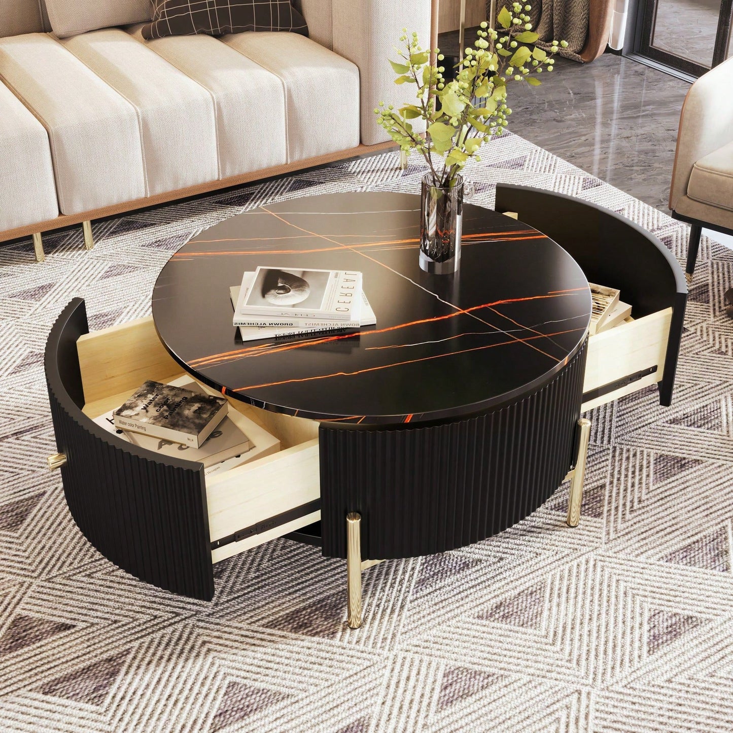 Modern Round Coffee Table With 2 Large Drawers Storage Accent Table (31.5'')