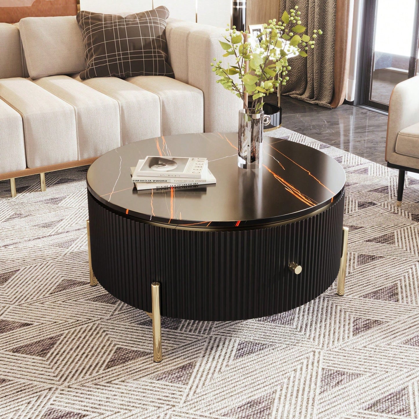 Modern Round Coffee Table With 2 Large Drawers Storage Accent Table (31.5'')