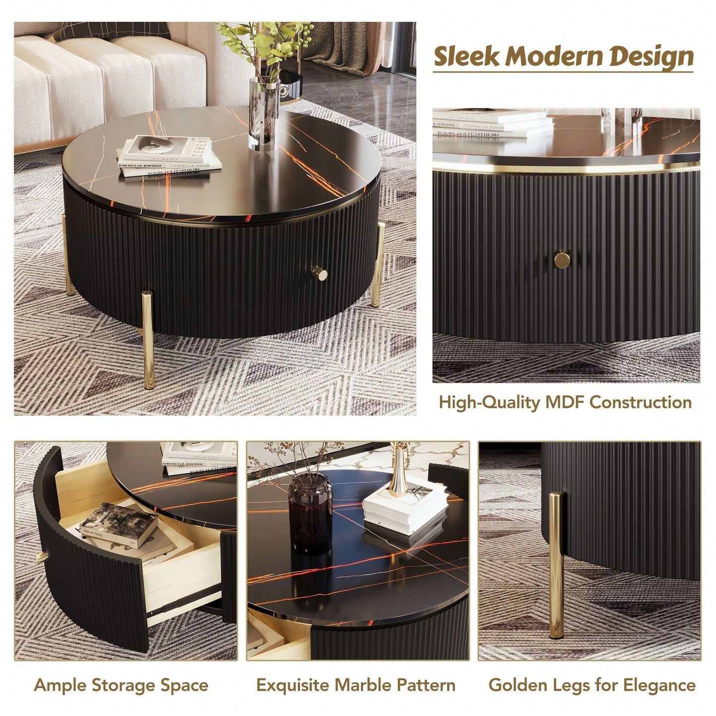 Modern Round Coffee Table With 2 Large Drawers Storage Accent Table (31.5'')