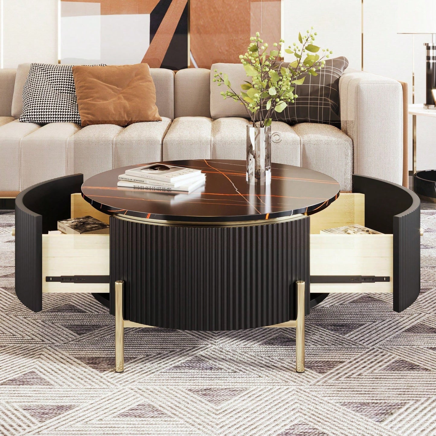 Modern Round Coffee Table With 2 Large Drawers Storage Accent Table (31.5'')