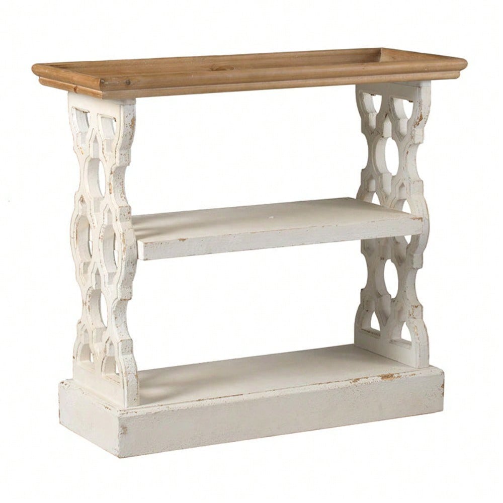 35.5" X 14" X 32" Distressed White And Natural Wood Shelf Tray, French Country Console Table