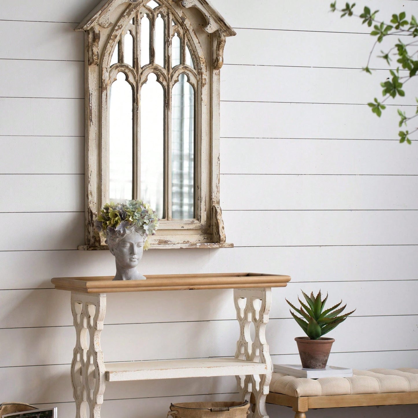 35.5" X 14" X 32" Distressed White And Natural Wood Shelf Tray, French Country Console Table