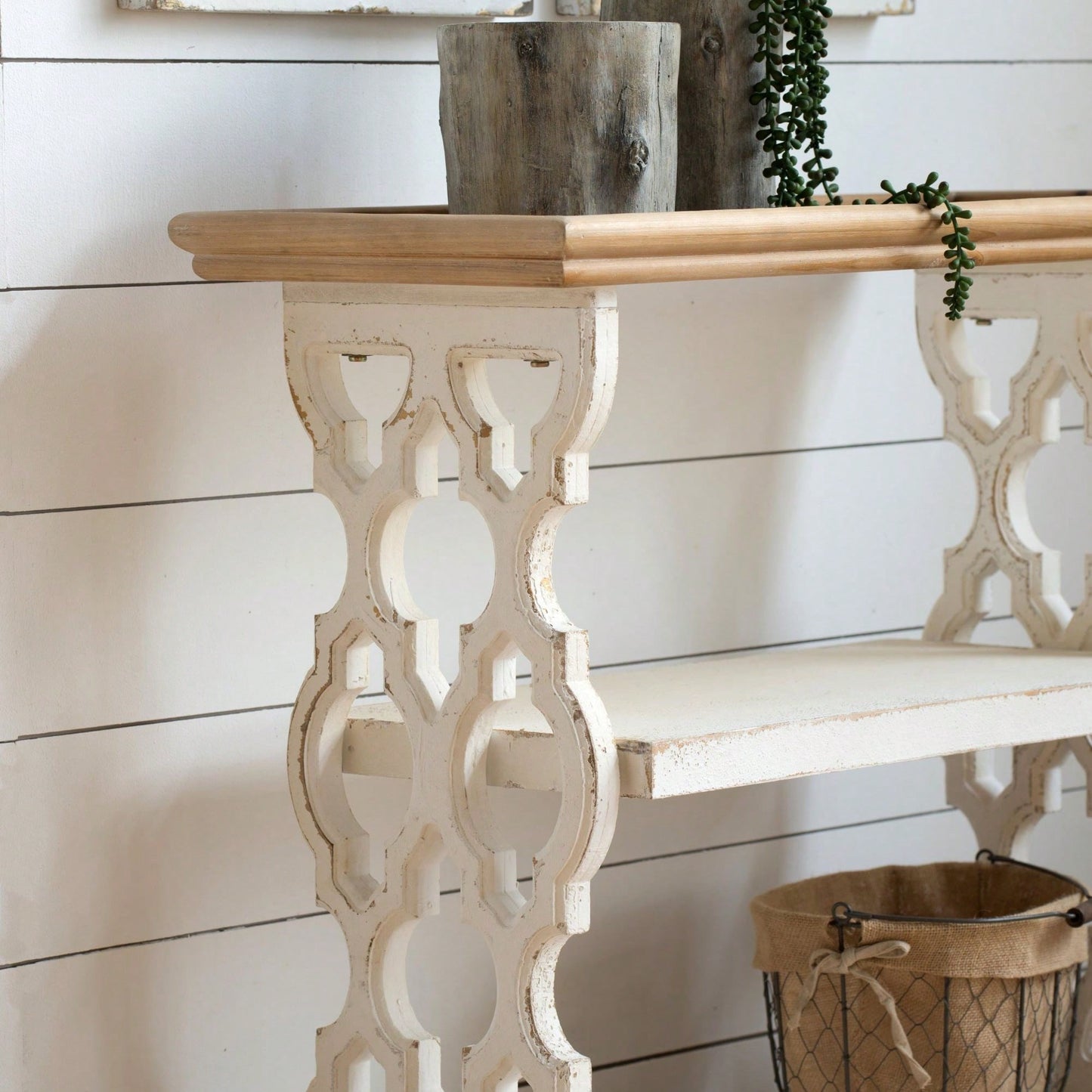 35.5" X 14" X 32" Distressed White And Natural Wood Shelf Tray, French Country Console Table