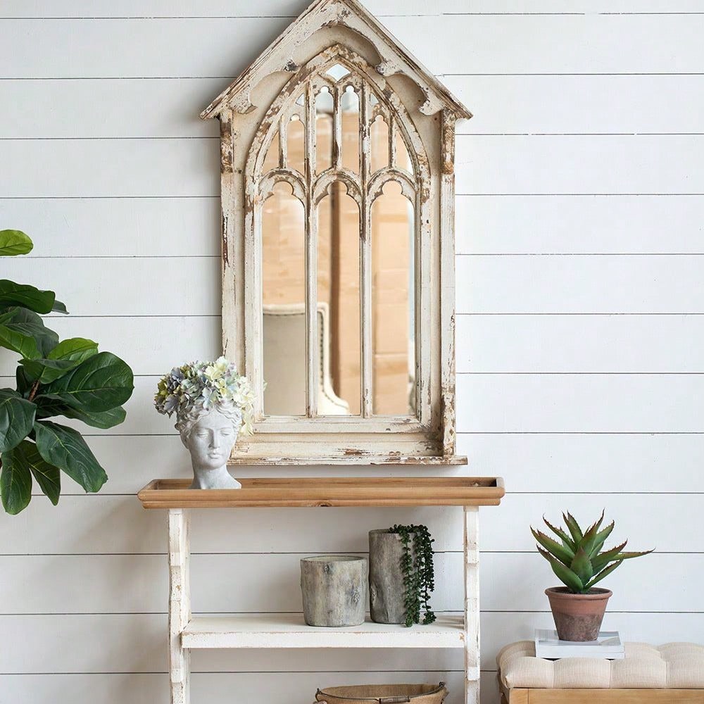 35.5" X 14" X 32" Distressed White And Natural Wood Shelf Tray, French Country Console Table