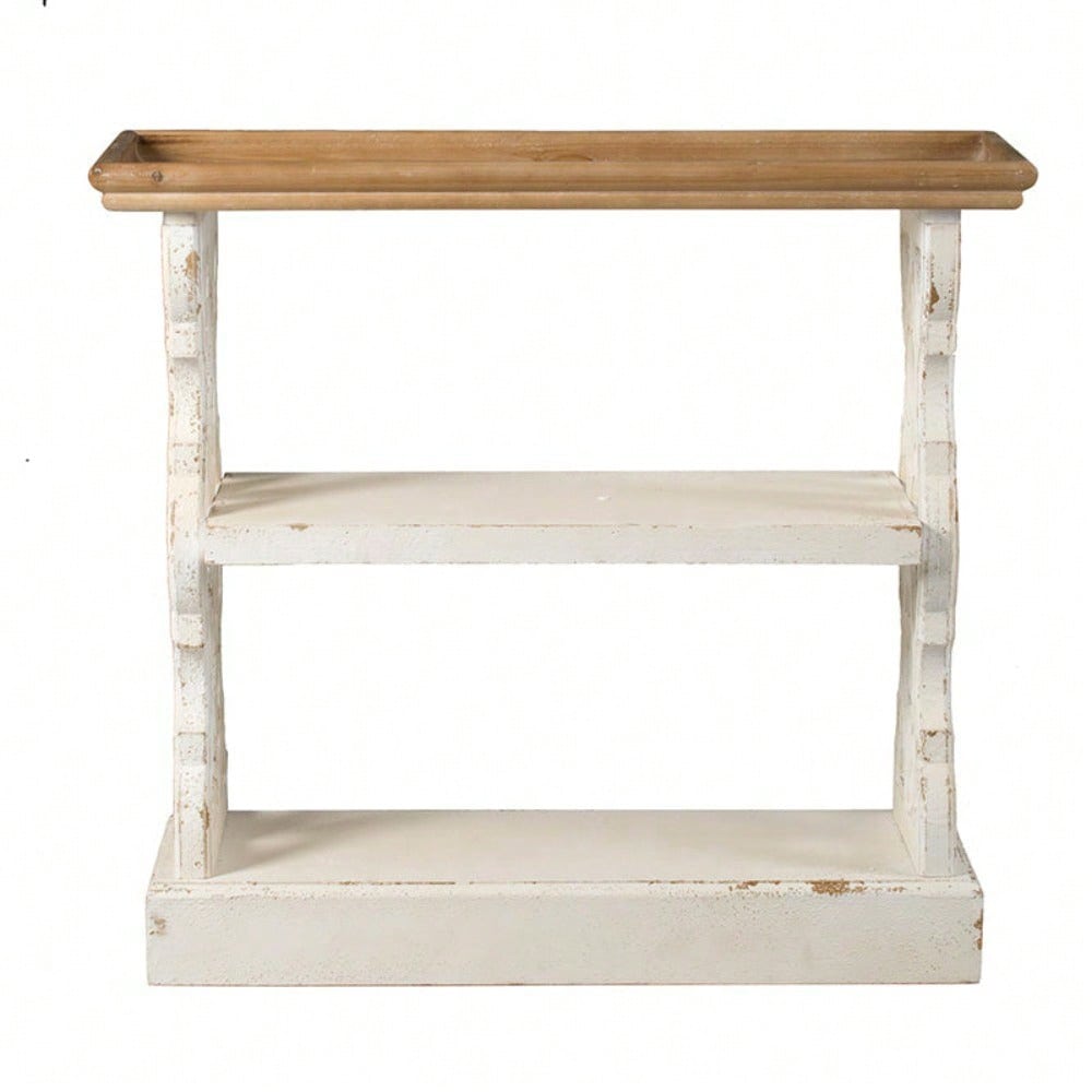 35.5" X 14" X 32" Distressed White And Natural Wood Shelf Tray, French Country Console Table
