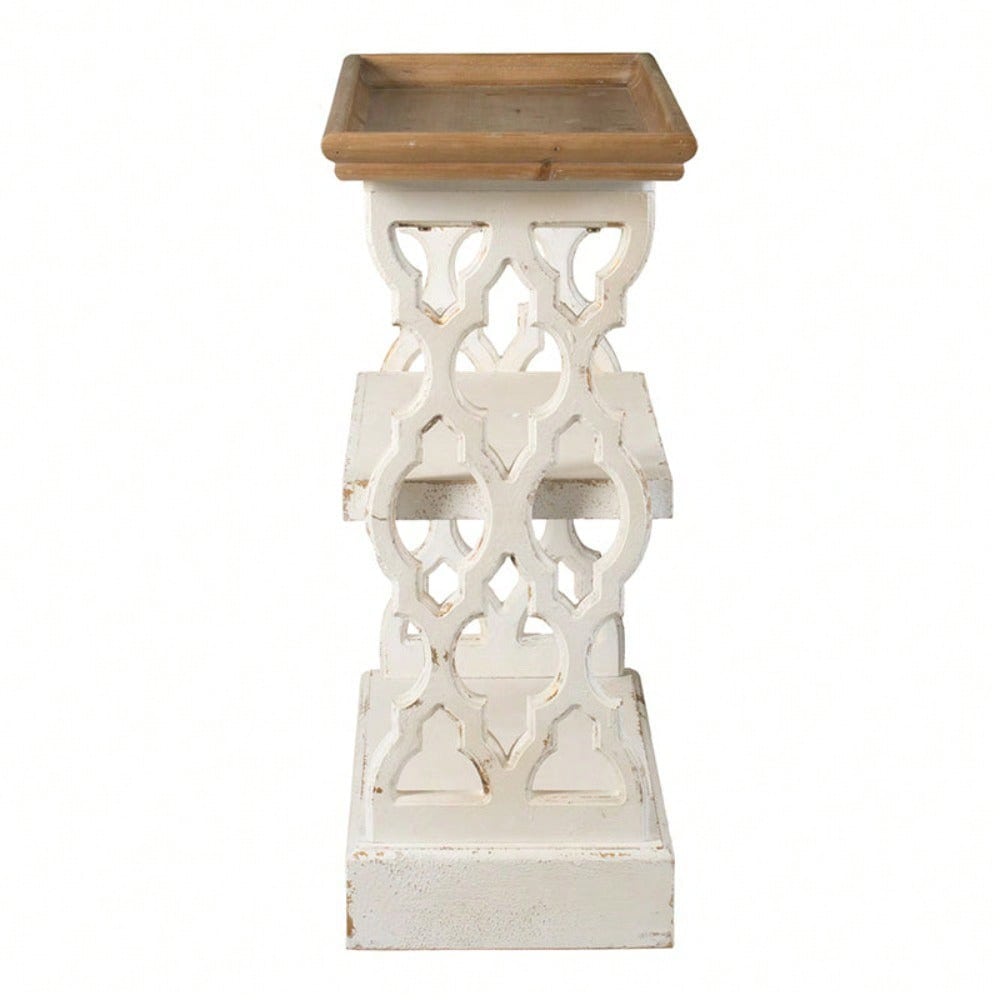 35.5" X 14" X 32" Distressed White And Natural Wood Shelf Tray, French Country Console Table