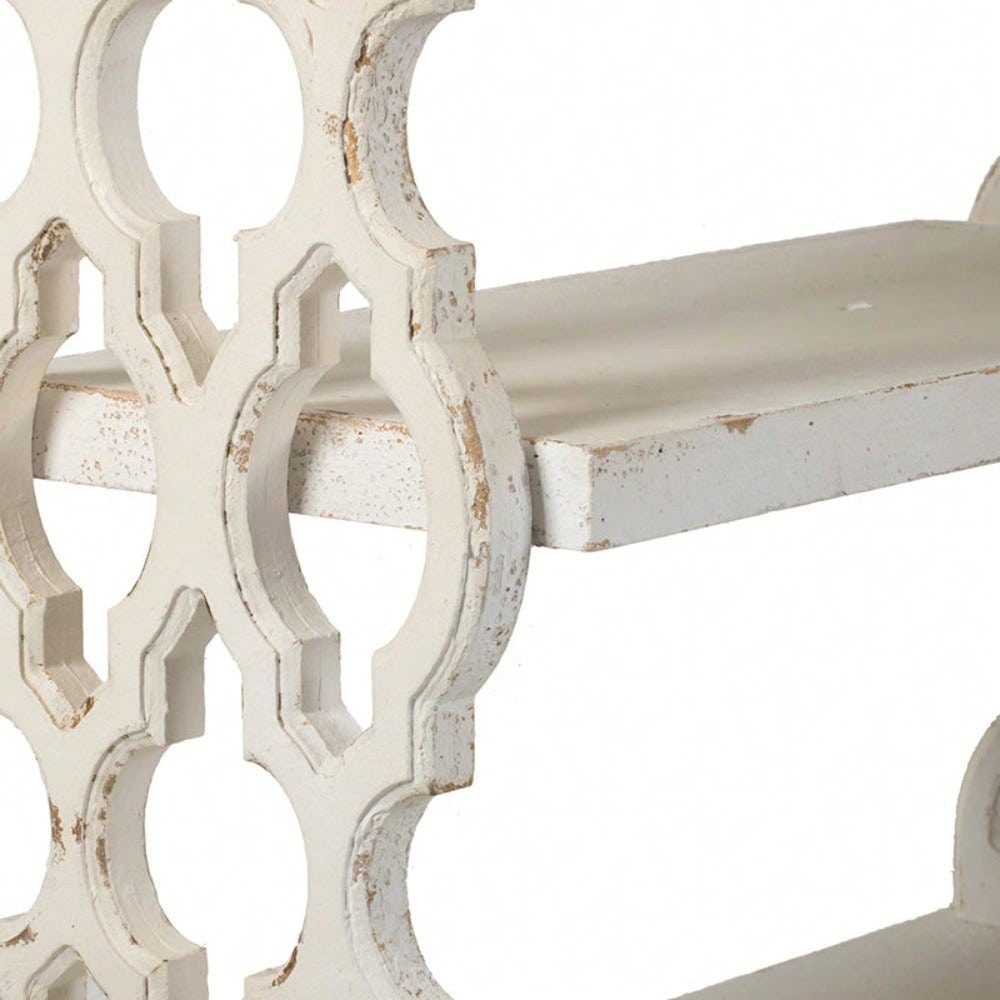 35.5" X 14" X 32" Distressed White And Natural Wood Shelf Tray, French Country Console Table