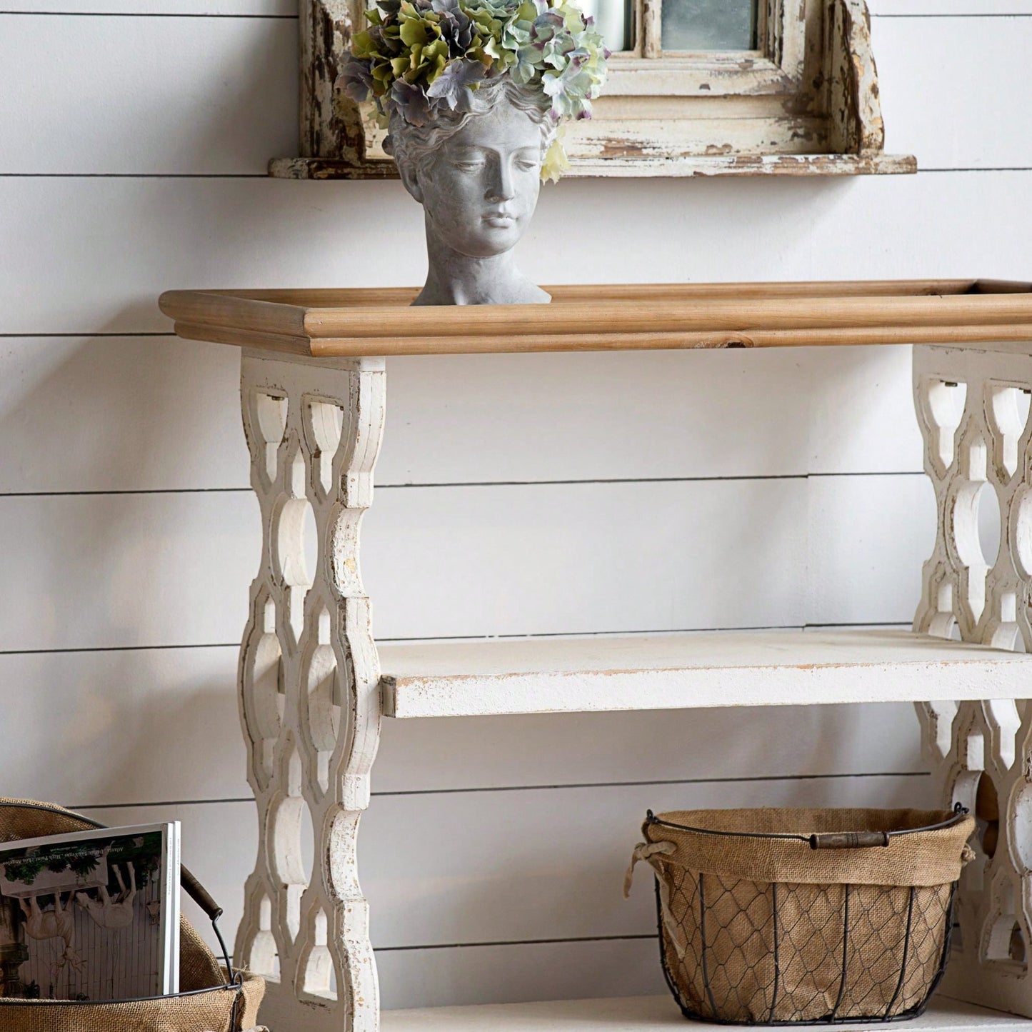 35.5" X 14" X 32" Distressed White And Natural Wood Shelf Tray, French Country Console Table