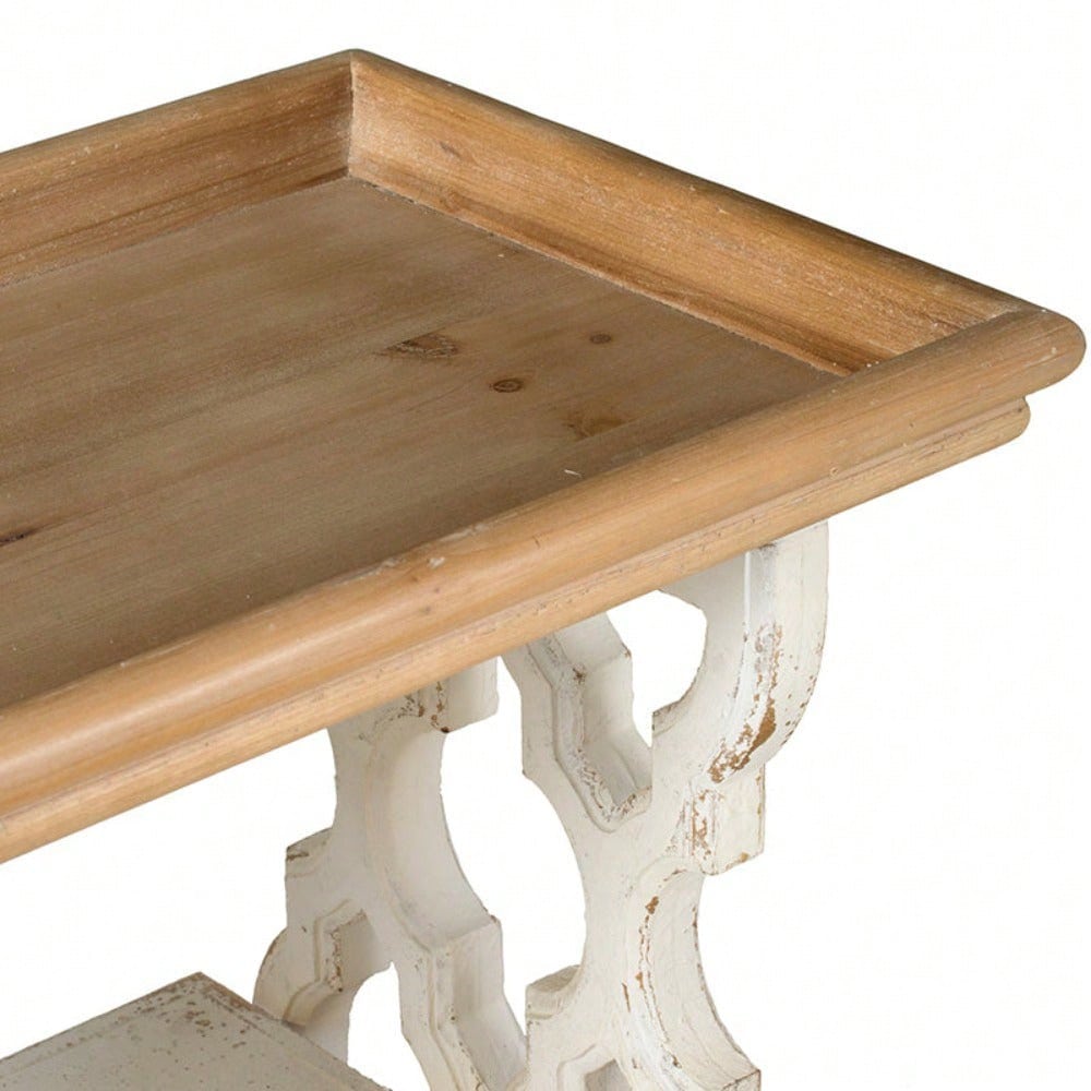 35.5" X 14" X 32" Distressed White And Natural Wood Shelf Tray, French Country Console Table